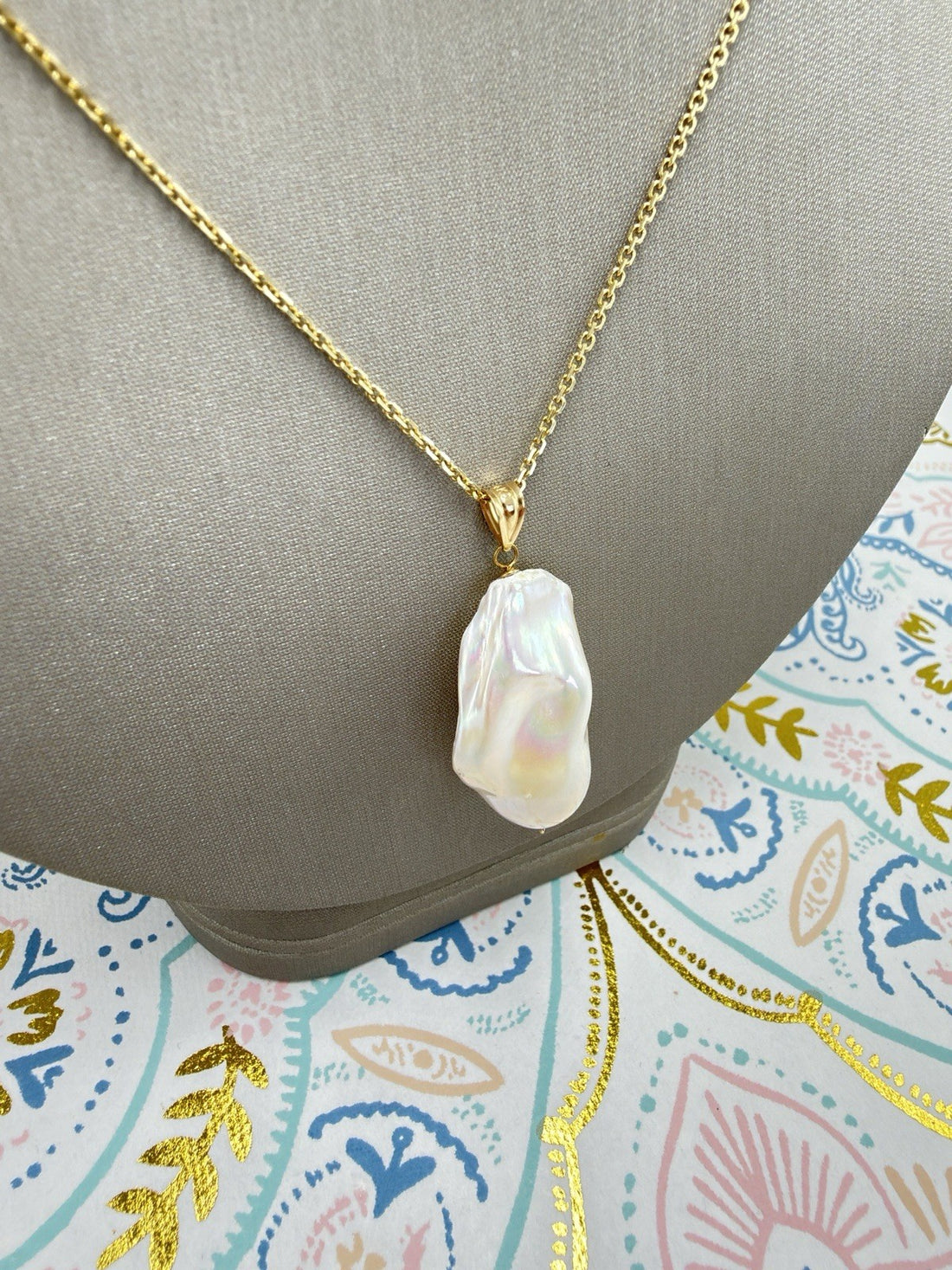 14k Yellow Gold Genuine Baroque Pearl Pendant, New 1.5"
