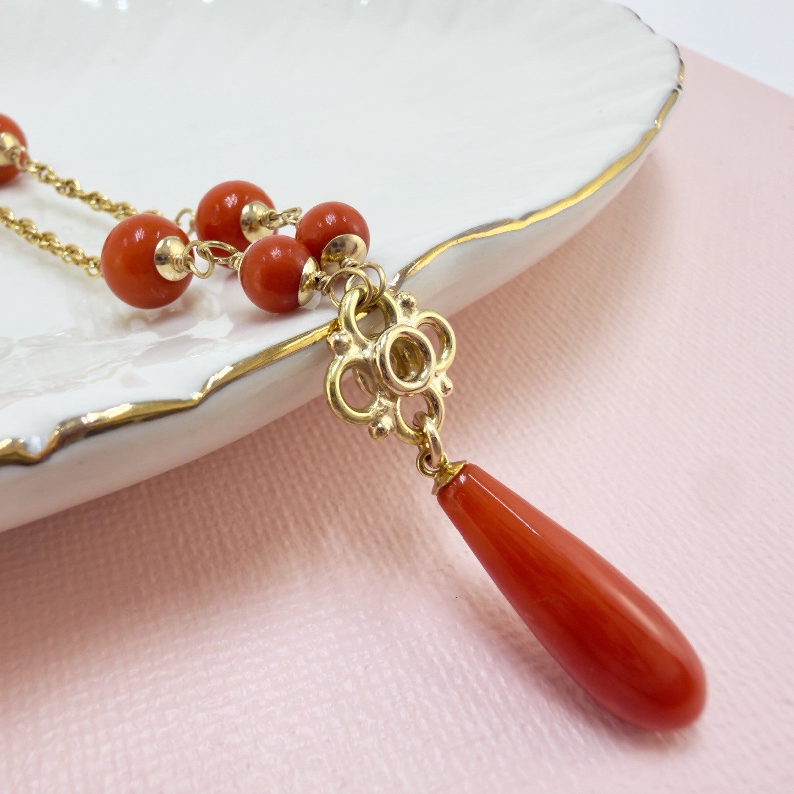 14k Yellow Gold Natural Red Coral Station Necklace w/Drop, 17.5-19" New