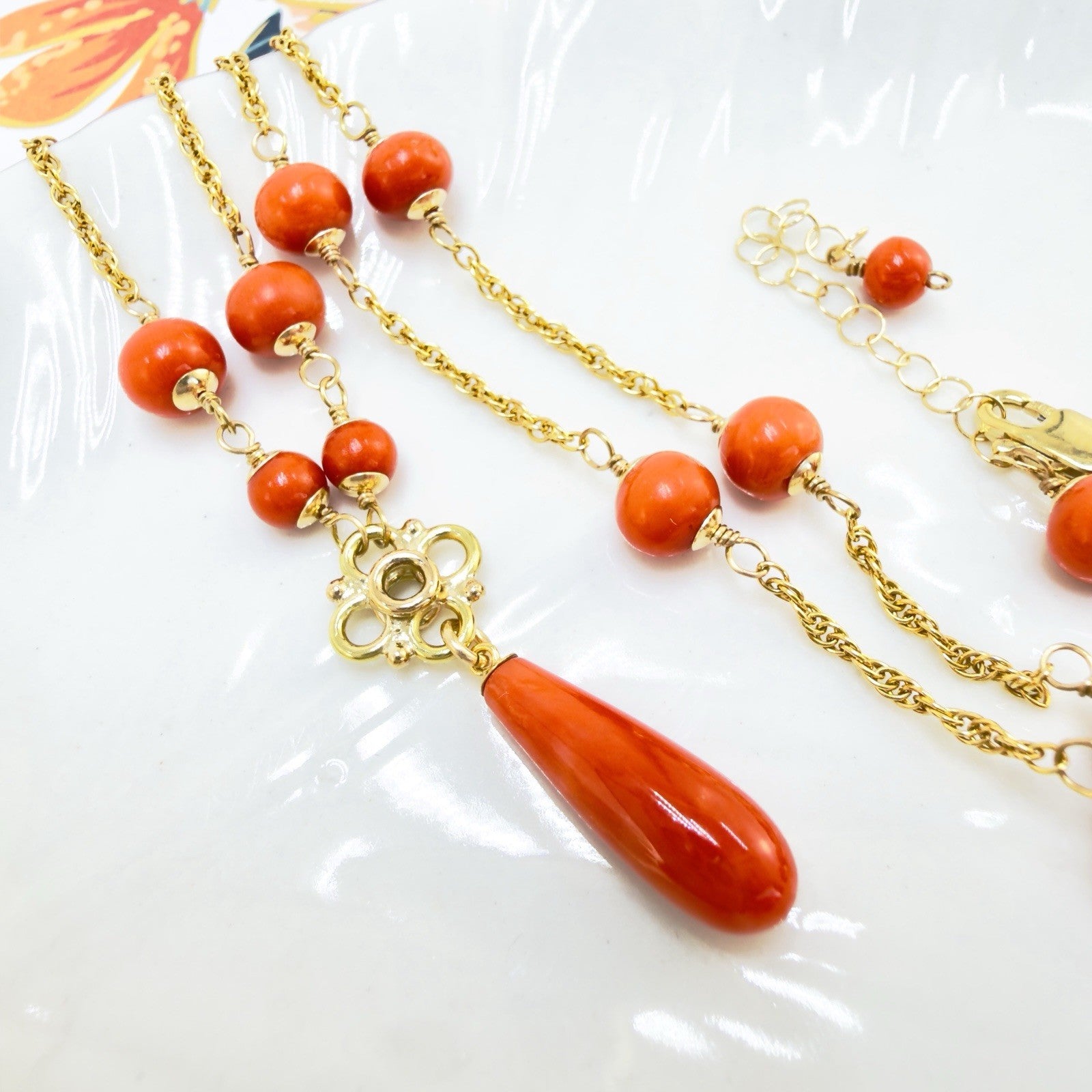 14k Yellow Gold Natural Red Coral Station Necklace w/Drop, 17.5-19" New
