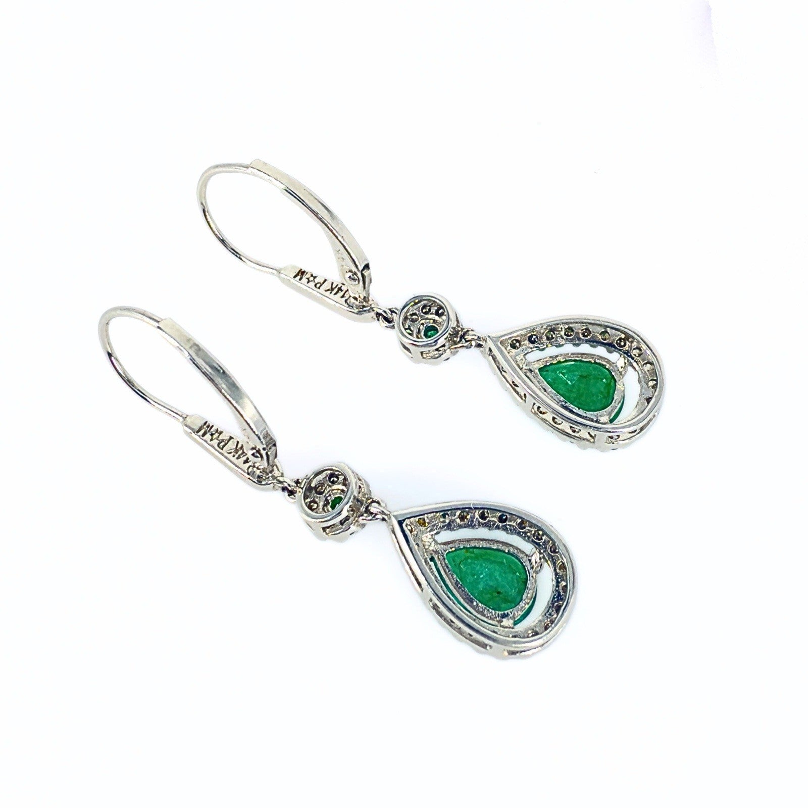 14k White Gold Genuine Emerald & Diamond Leverback Dangle Earrings, Preowned