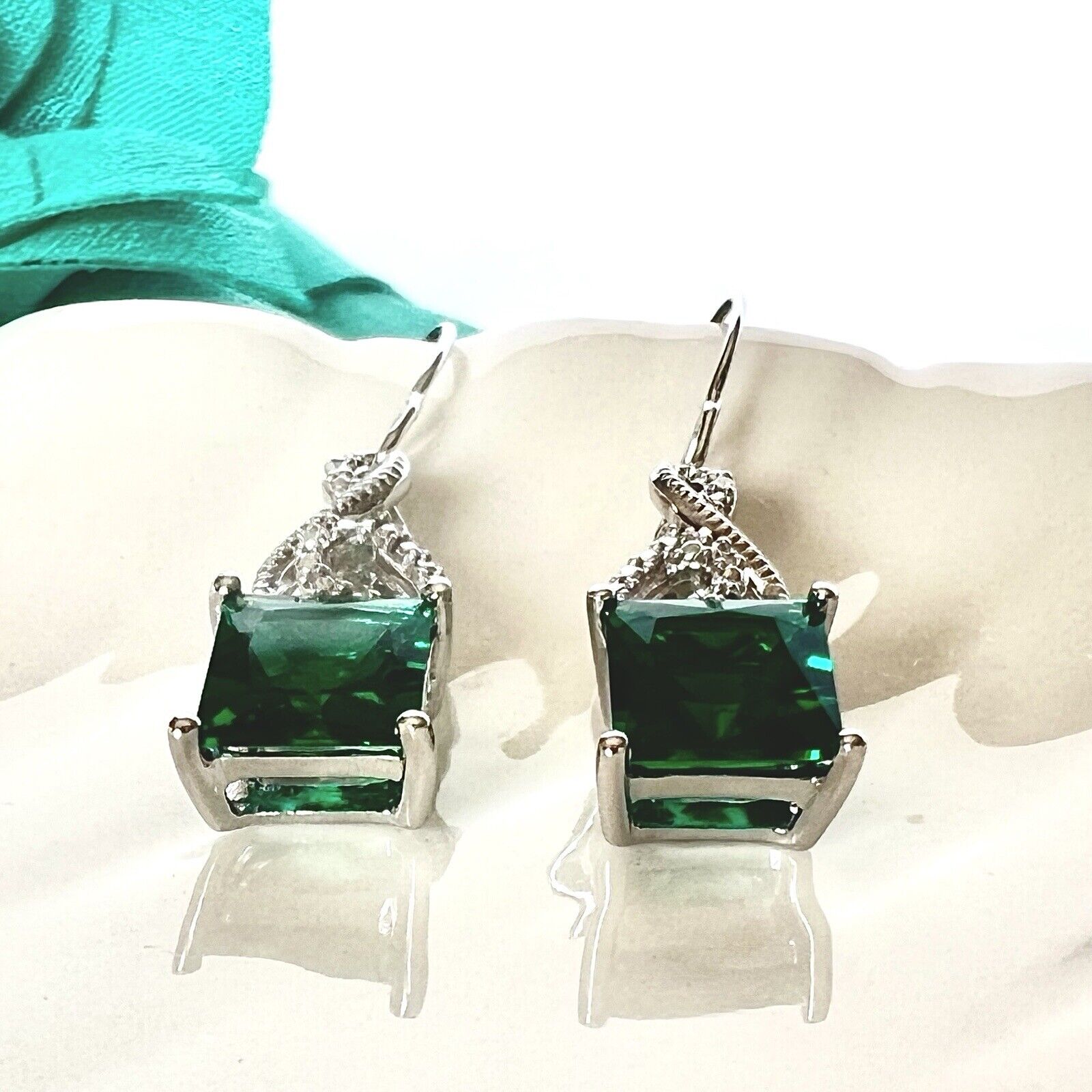 Solid 10k White Gold Genuine Diamonds & Lab Created Emerald Dangle/Drop Earrings