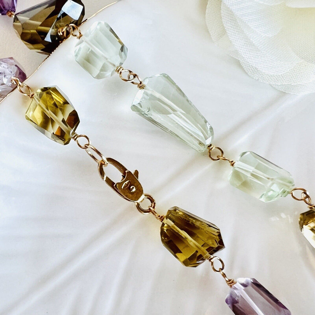 Solid 14k Yellow Gold Multi-Color Quartz Nugget Station Necklace 20" New