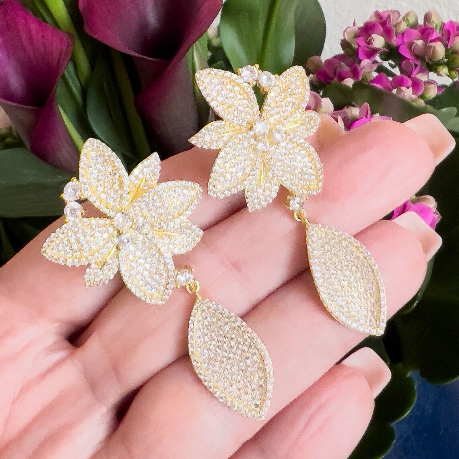 Sterling Silver Vermeil  Flower Cubic Zirconia Dangle/Drop Earrings, New 2.2"