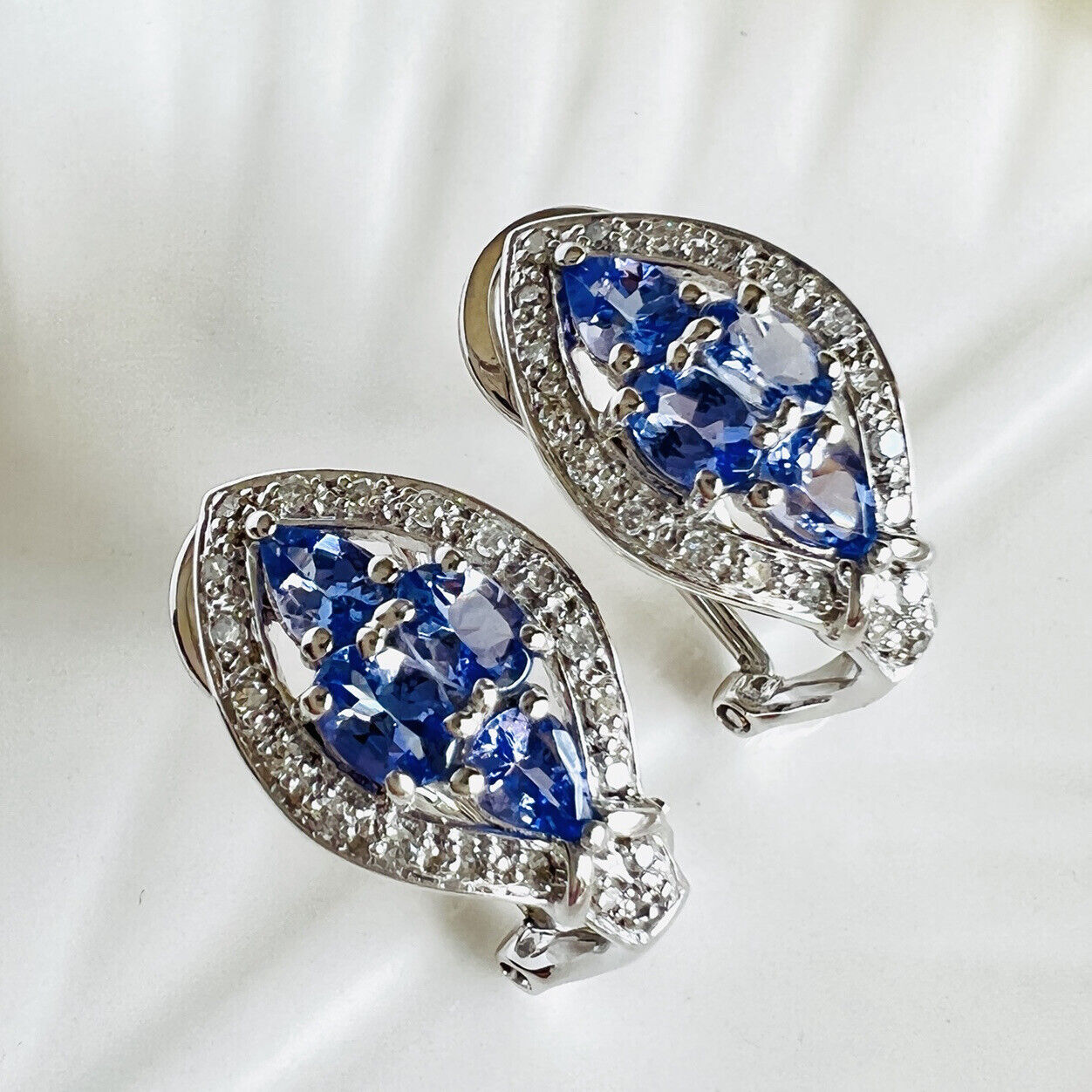 Solid 14k White Gold Genuine Tanzanite & Diamond Post/Omega Clip Earrings, New