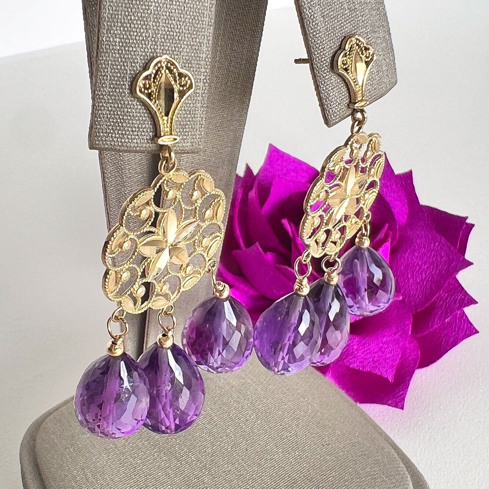 Solid 14k Yellow Gold Genuine Amethyst Briolette Chandelier Earrings, New
