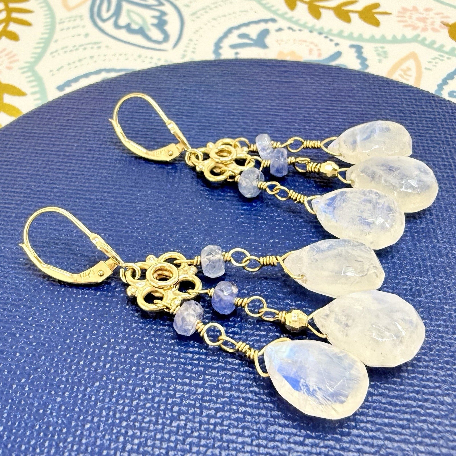 14k Yellow Gold Genuine Rainbow Moonstone and Sapphire Chandelier Earrings,