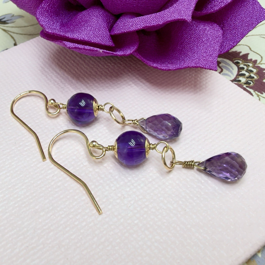 14k Yellow Gold Genuine Amethyst Drop/Dangle Earrings, Newly Handcrafted, 1.5"