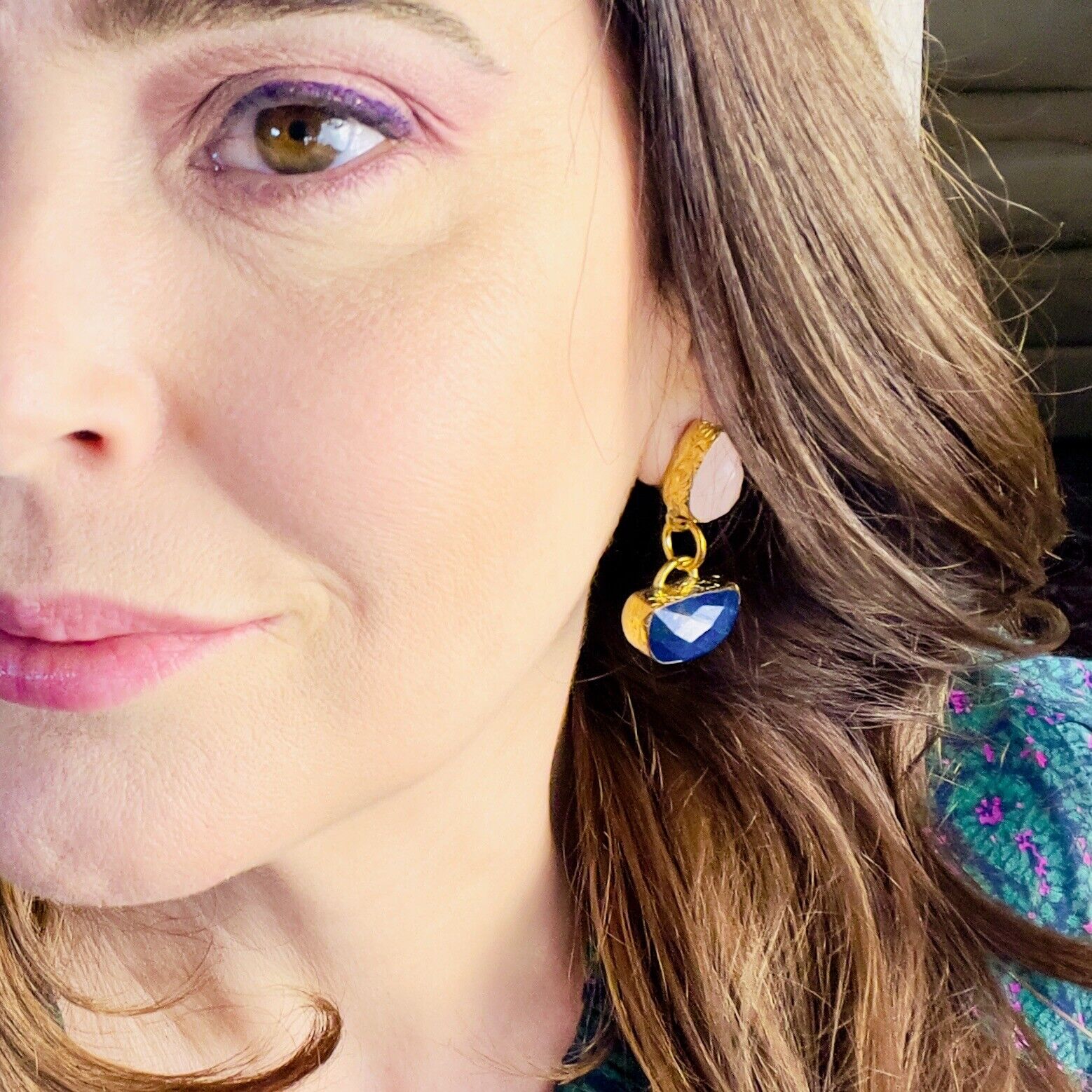 Etruscan Revival Genuine Rose Chalcedony & Lapis Lazuli GP Dangle/Drop Earrings