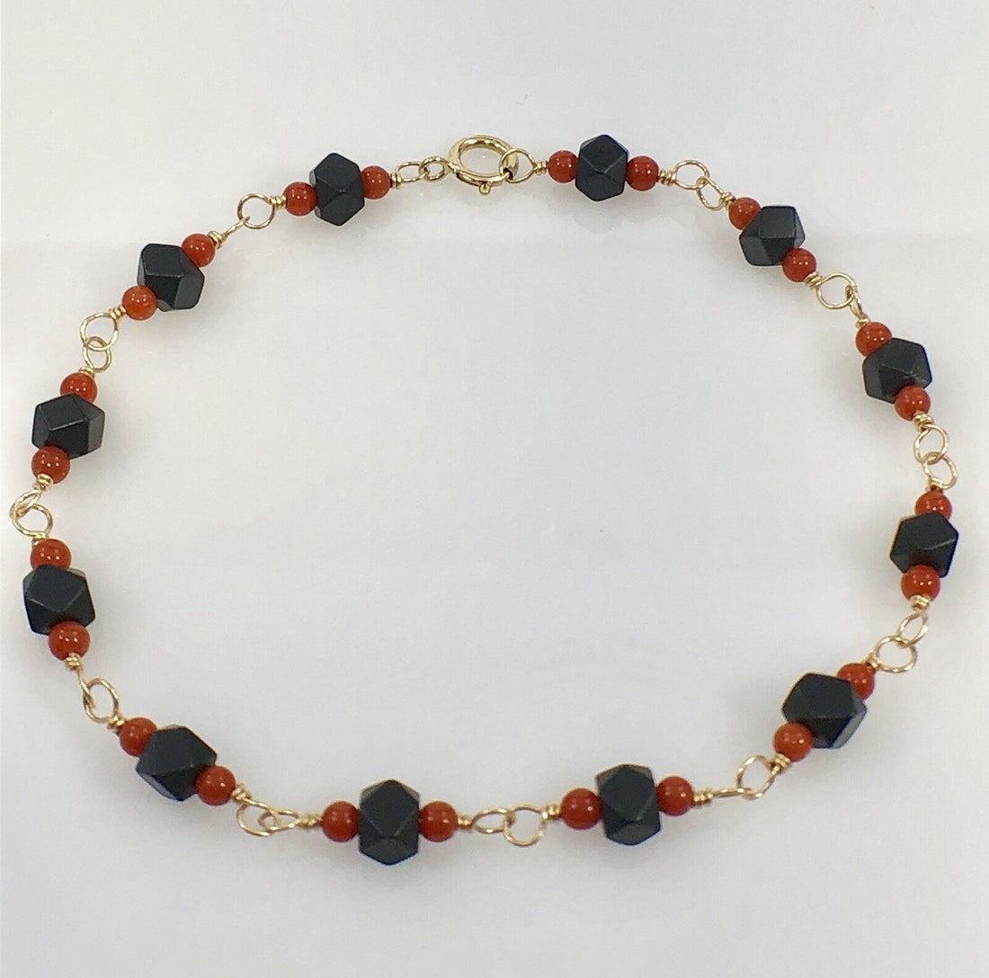 Genuine Azabache & Coral Solid 14K Gold Bracelet, 7.25" Oro 14k Pulsera