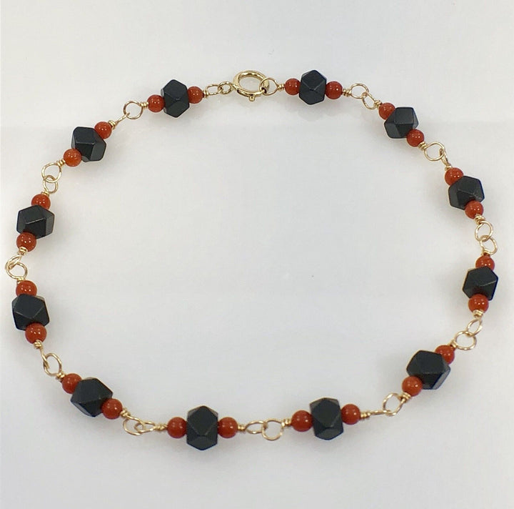Genuine Azabache & Coral Solid 14K Gold Bracelet, 7.25" Oro 14k Pulsera
