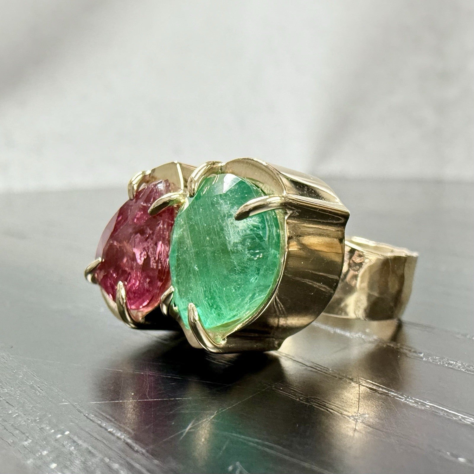14k Yellow Gold Genuine Emerald & Pink Tourmaline Modernist Ring, New Size 6.5
