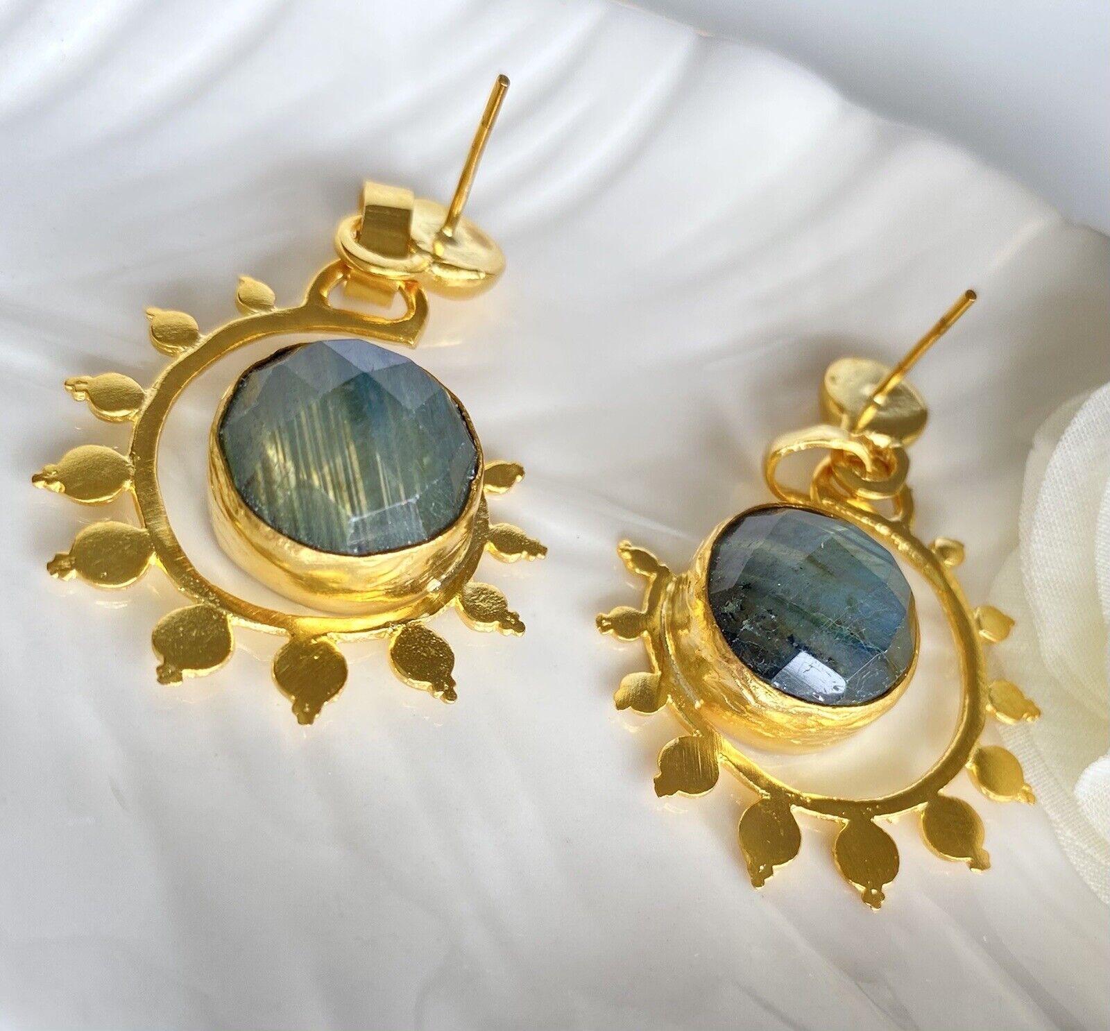 Etruscan Revival Gold Overlay Labradorite Dangle Earrings, New, 1.88"