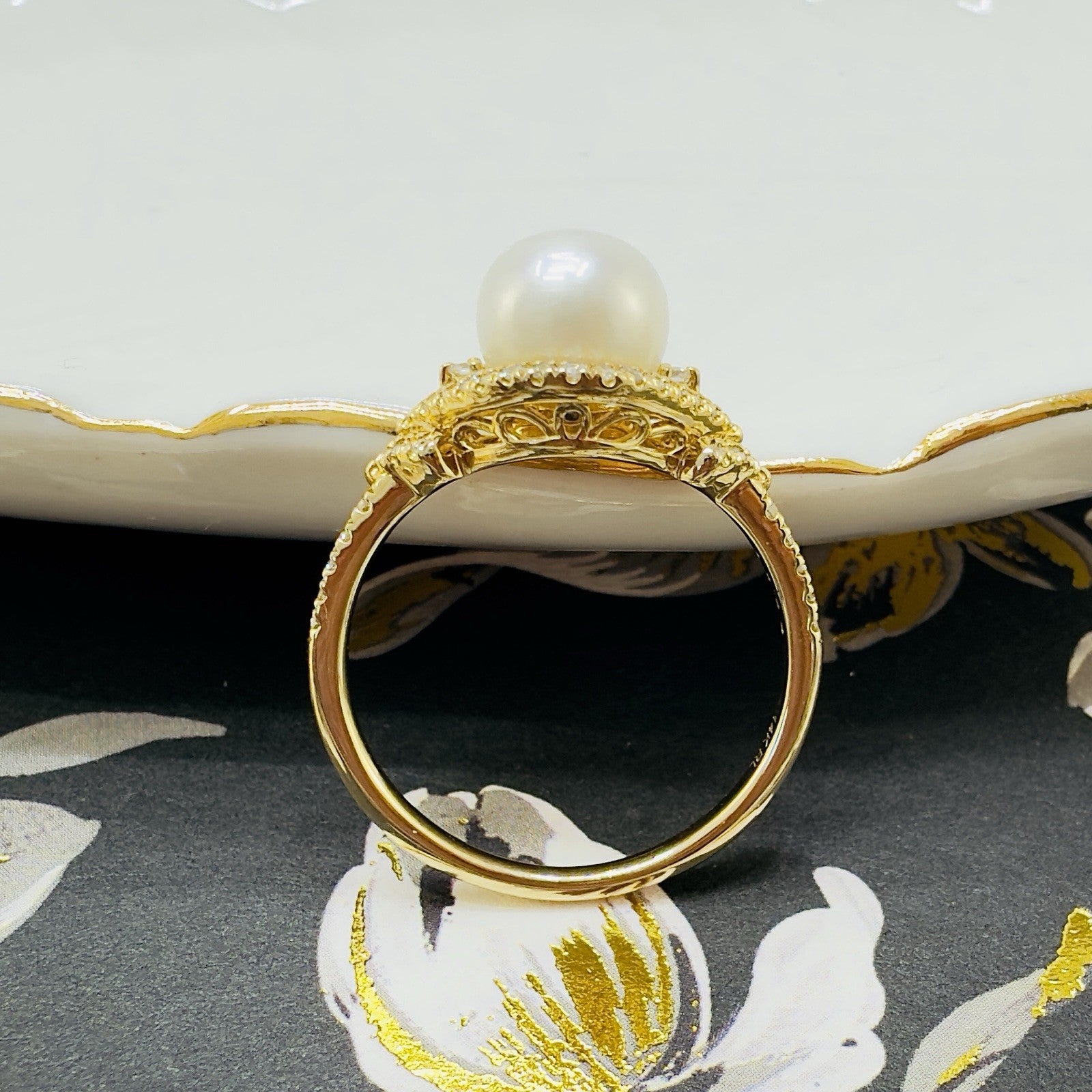 14k Yellow Gold Genuine Cultured Pearl & Diamond Halo Ring, Sz 7, New