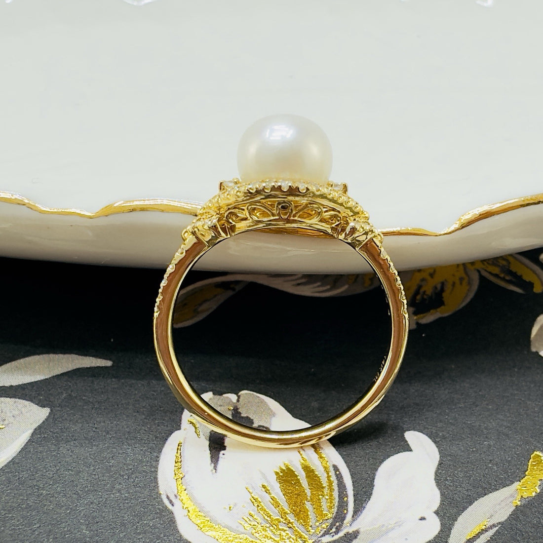 14k Yellow Gold Genuine Cultured Pearl & Diamond Halo Ring, Sz 7, New