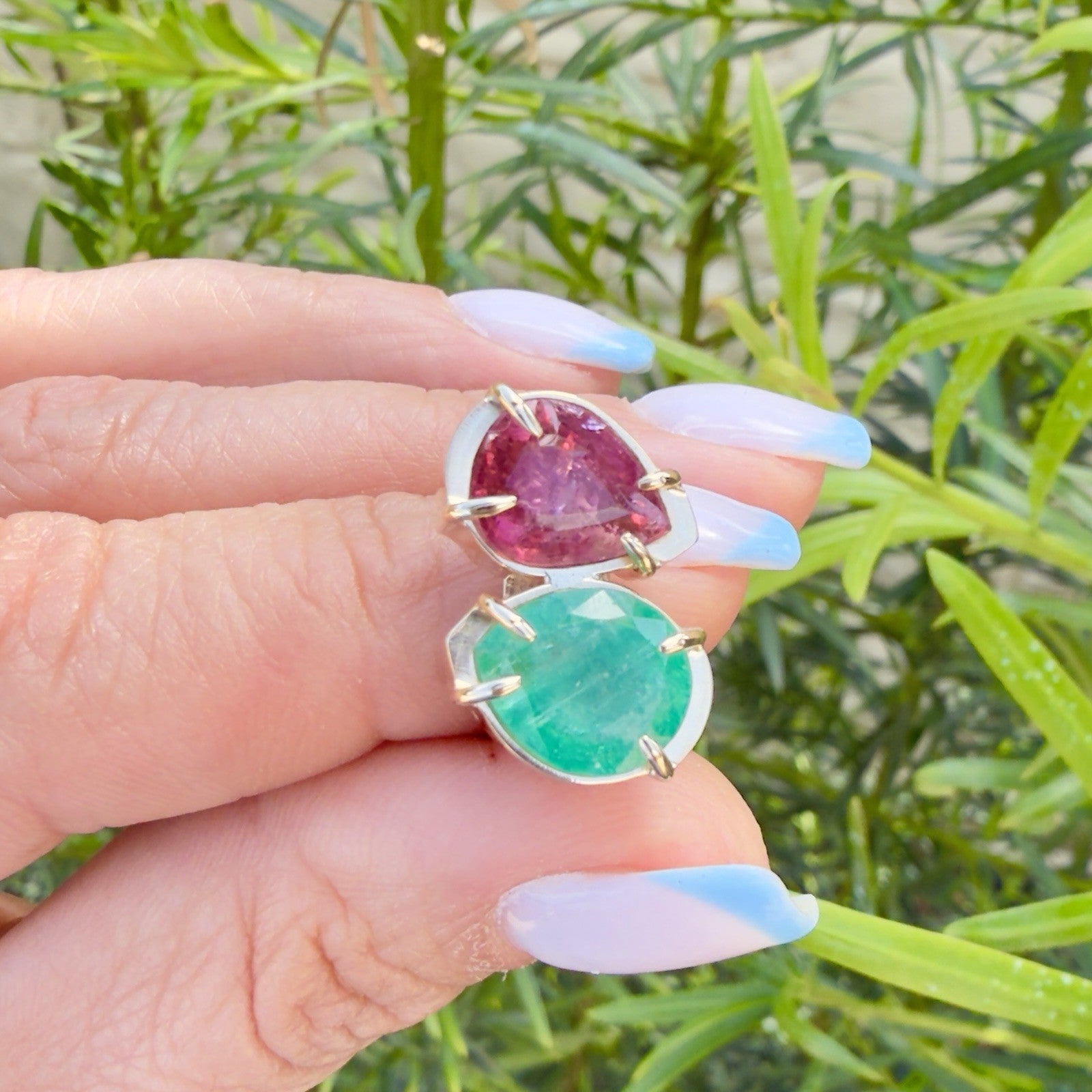 14k Yellow Gold Genuine Emerald & Pink Tourmaline Modernist Ring, New Size 6.5