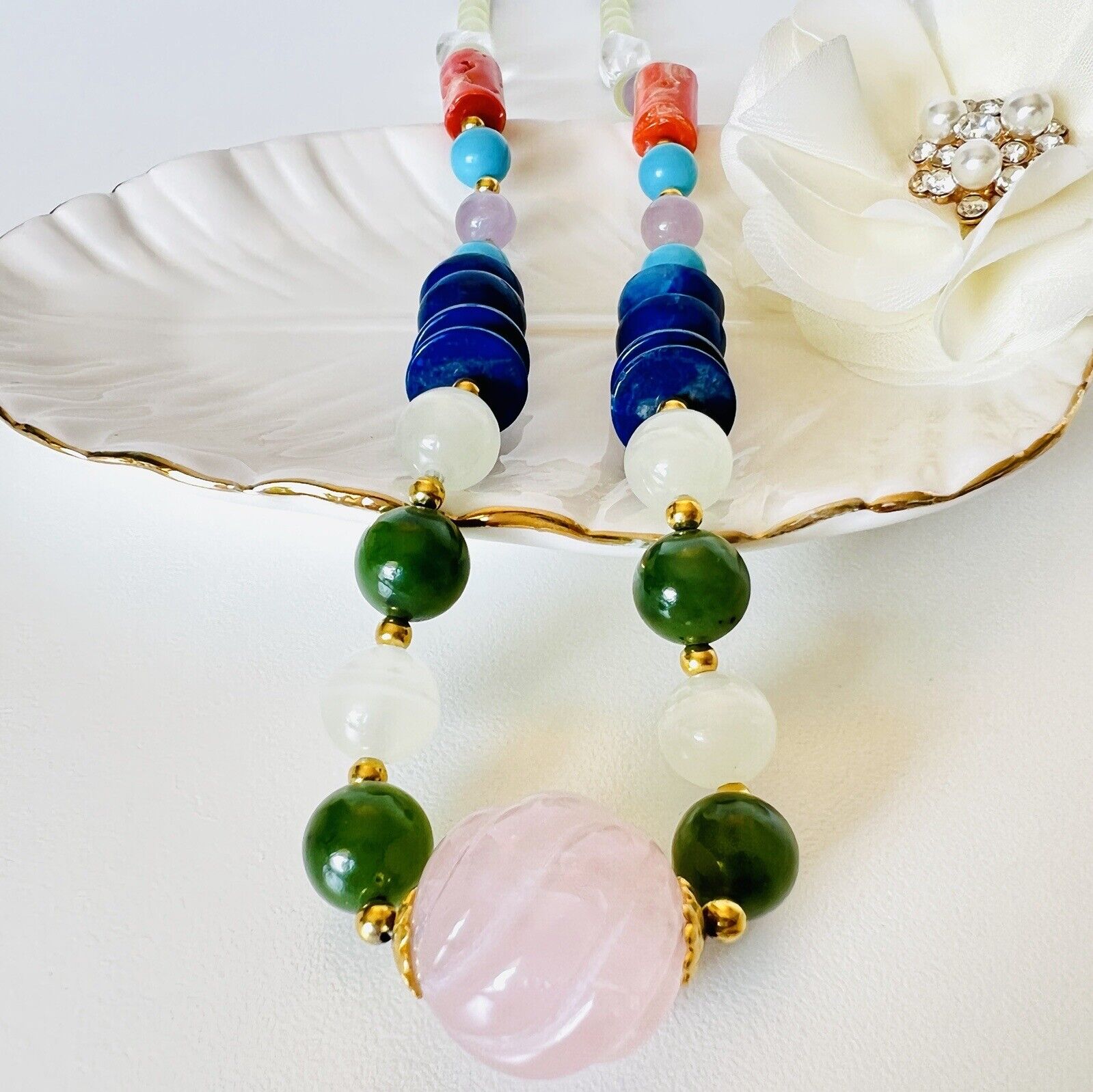 Natural Coral, Amethyst, Jade, Howlite, Serpentine & Quartz Beaded Necklace, New