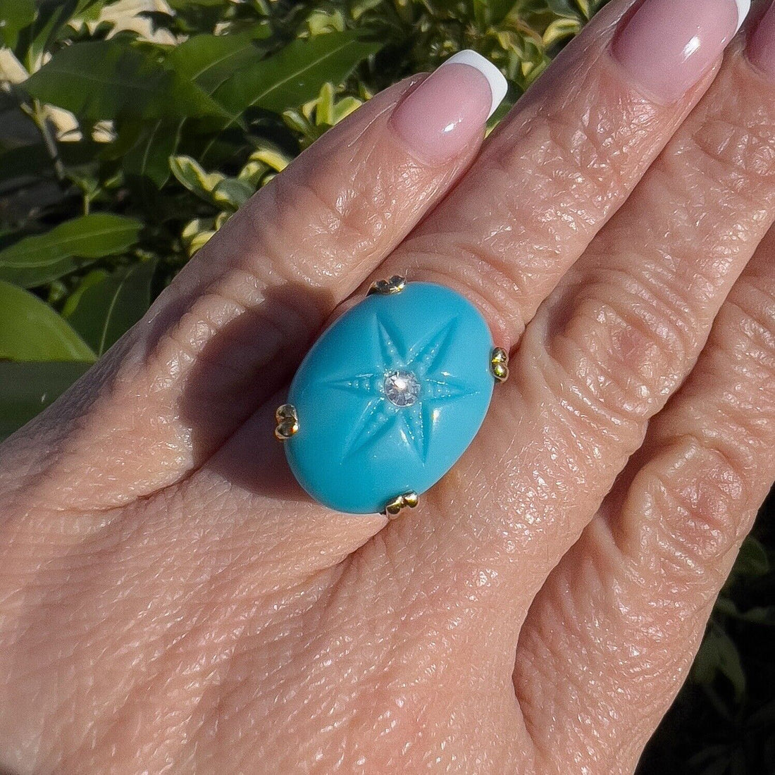 Vintage European 8k Yellow Gold American Turquoise & Diamond Ring, Size 4.75