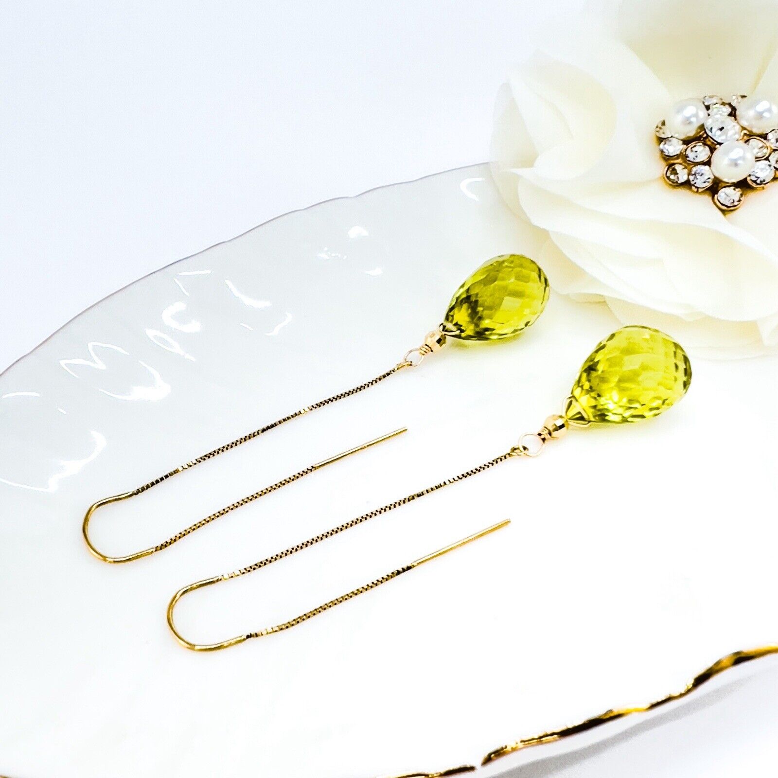 14k Yellow Gold Genuine Lemon Citrine Threader Drop/Dangle Earrings, New, 2.80"