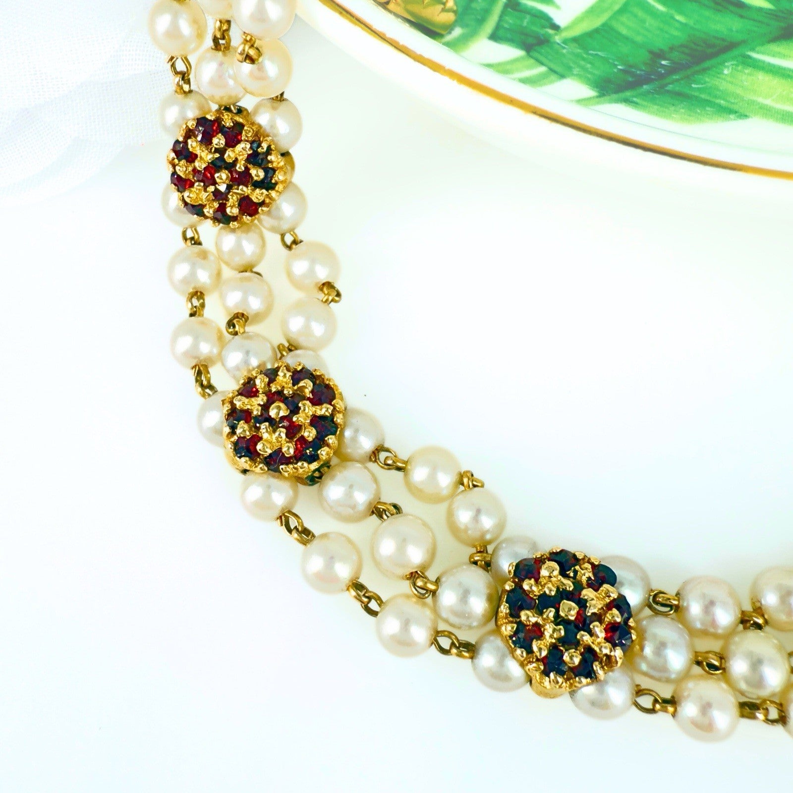 14k Gold Vintage Akoya Pearl 3-Row Bracelet & Garnet Slide Bracelet Charms