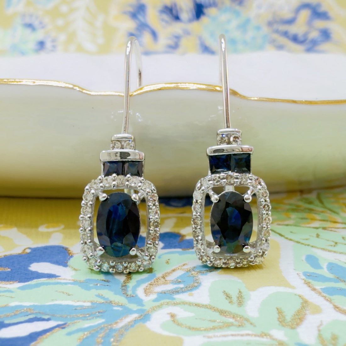 14k White Gold Genuine Sapphire & Diamond Leverback Dangle/Drop Earrings, New 1"