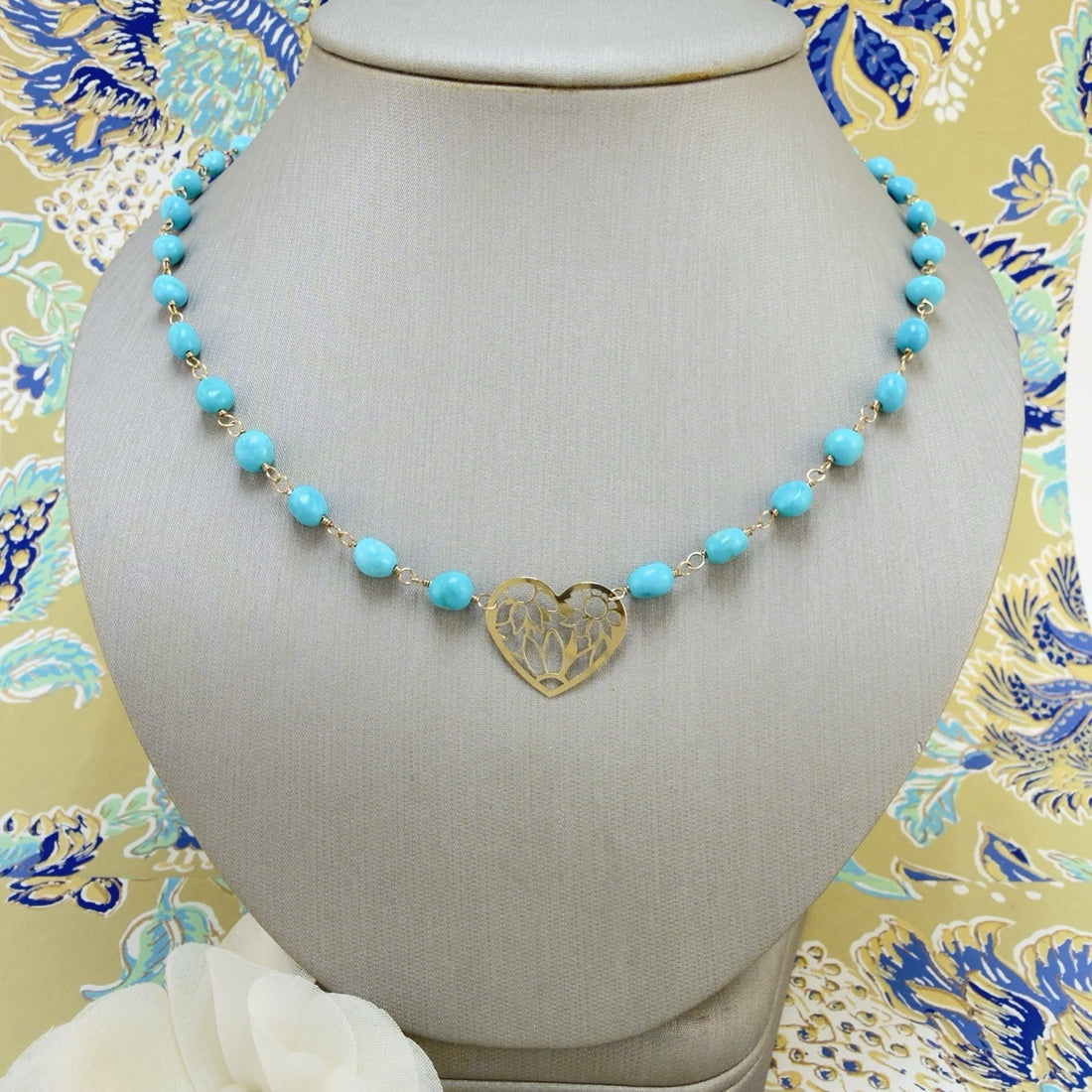 14k Sleeping Beauty Turquoise with Pierce-Work Heart Pendant Necklace, 18.25"