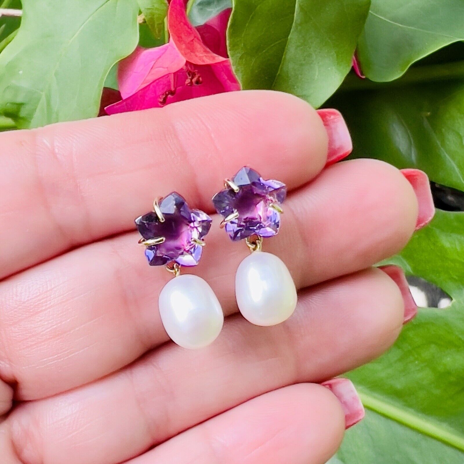 Solid 14k Yellow Gold Genuine Amethyst Star & Pearl Dangle/Drop Earrings, New