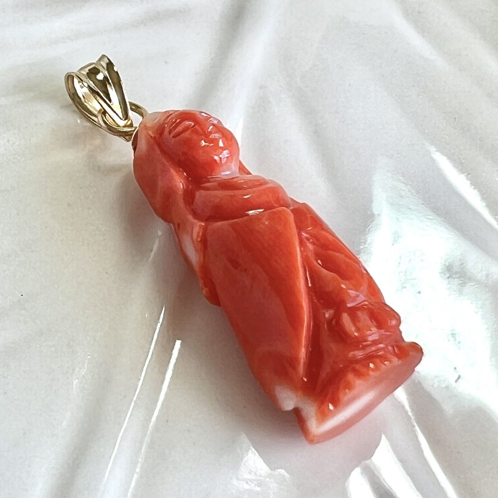 Natural Dark Salmon Guanyin (13.6ct) Solid 14k Yellow Gold Pedant, New