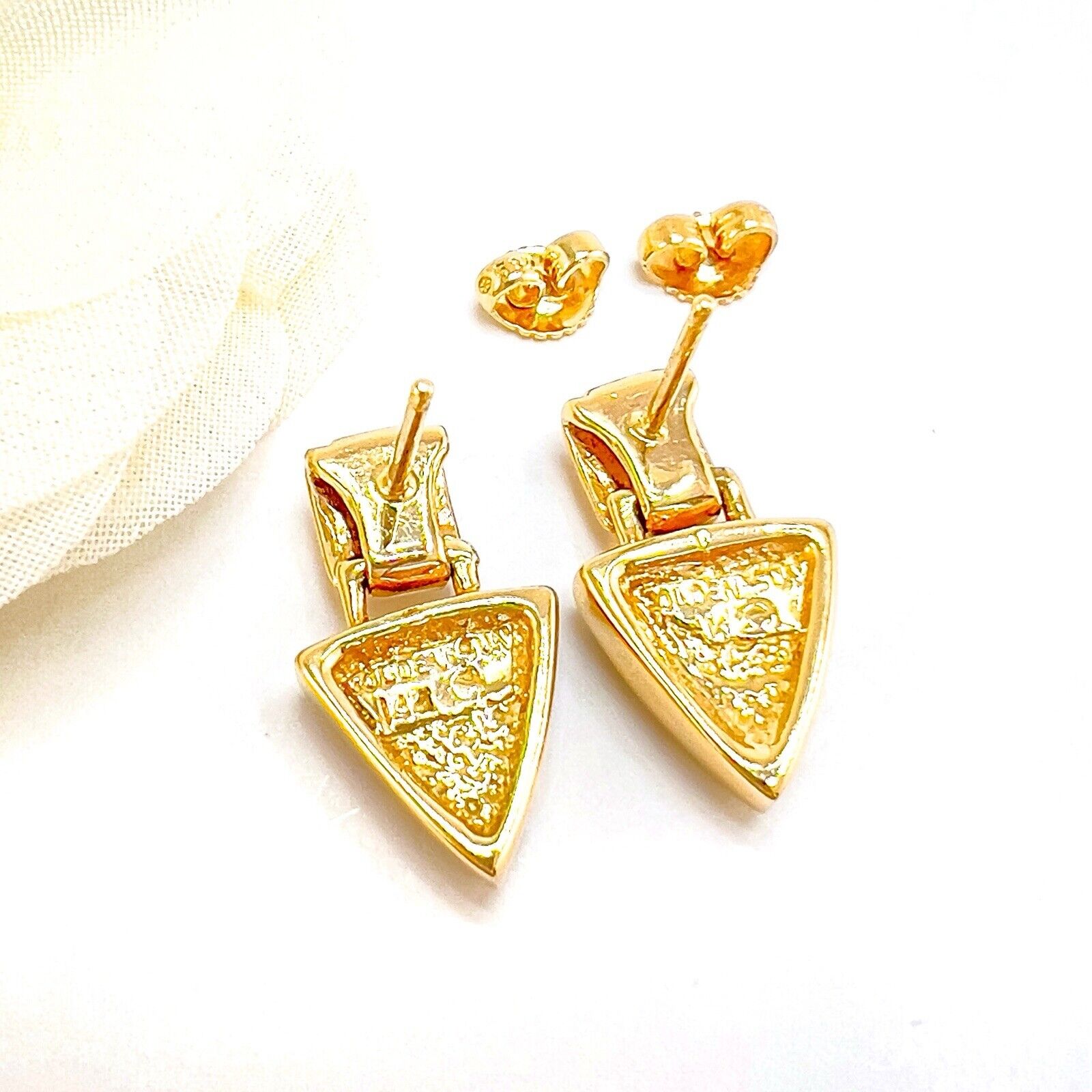 14k Yellow Gold Genuine Opal Inlay & Diamond Dangle Earrings