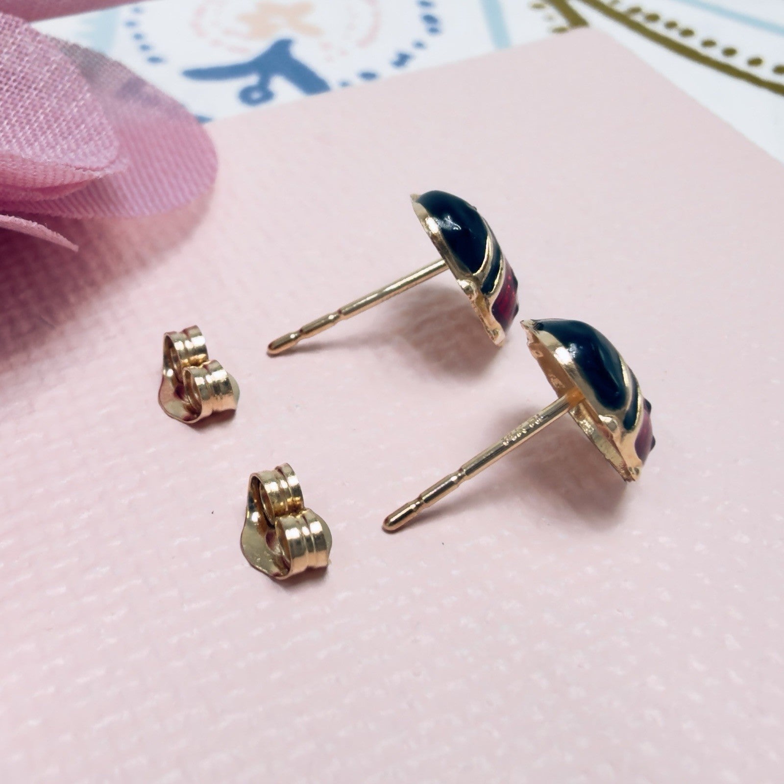 14k Yellow Gold Ladybug Enamel-Work Stud Earrings, New