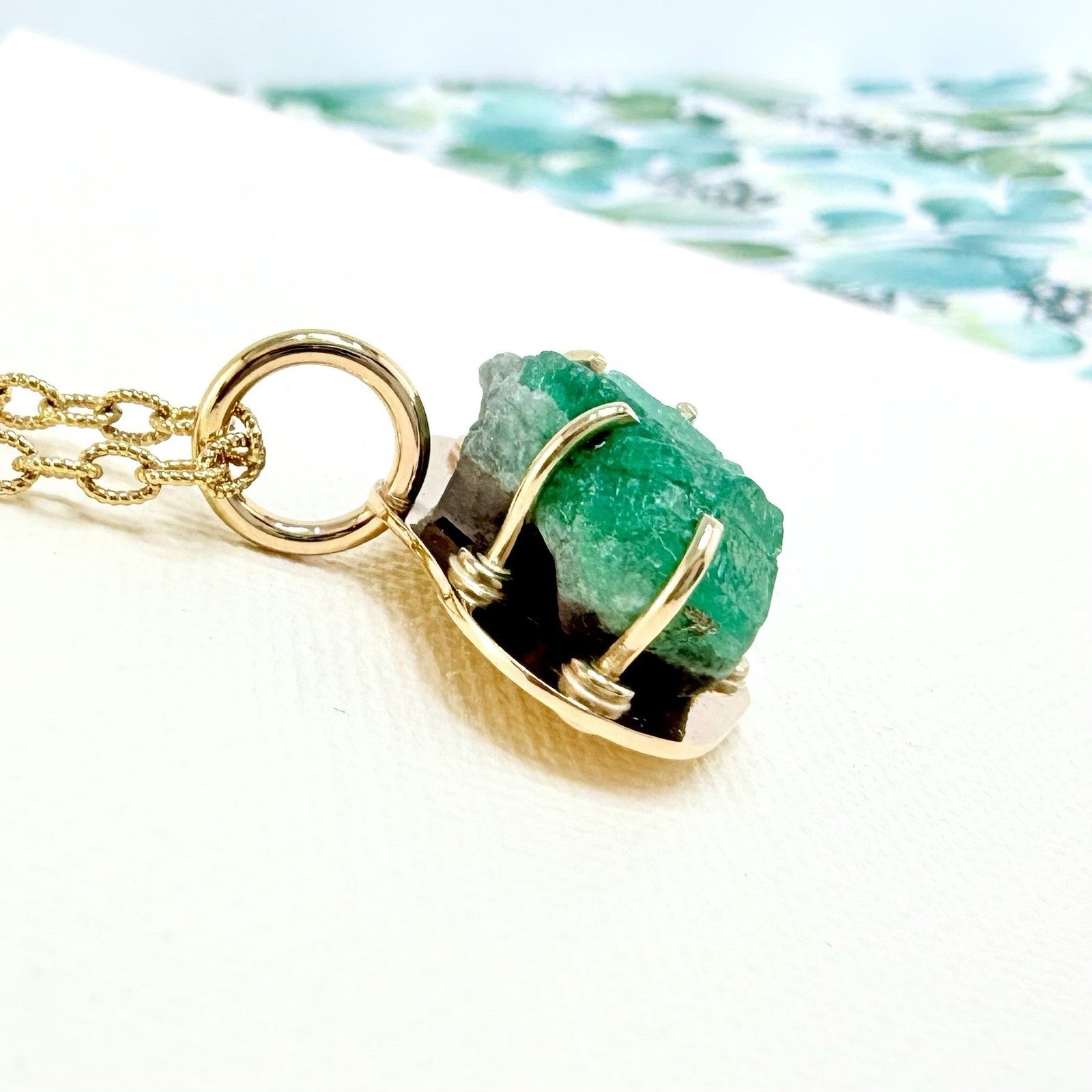 14k Yellow Gold Genuine Emerald Rough Freeform Modernist Pendant, New, Unisex