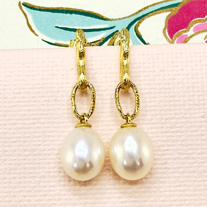 14k Yellow Gold Genuine Pearl Dangle Modernist Earrings, New