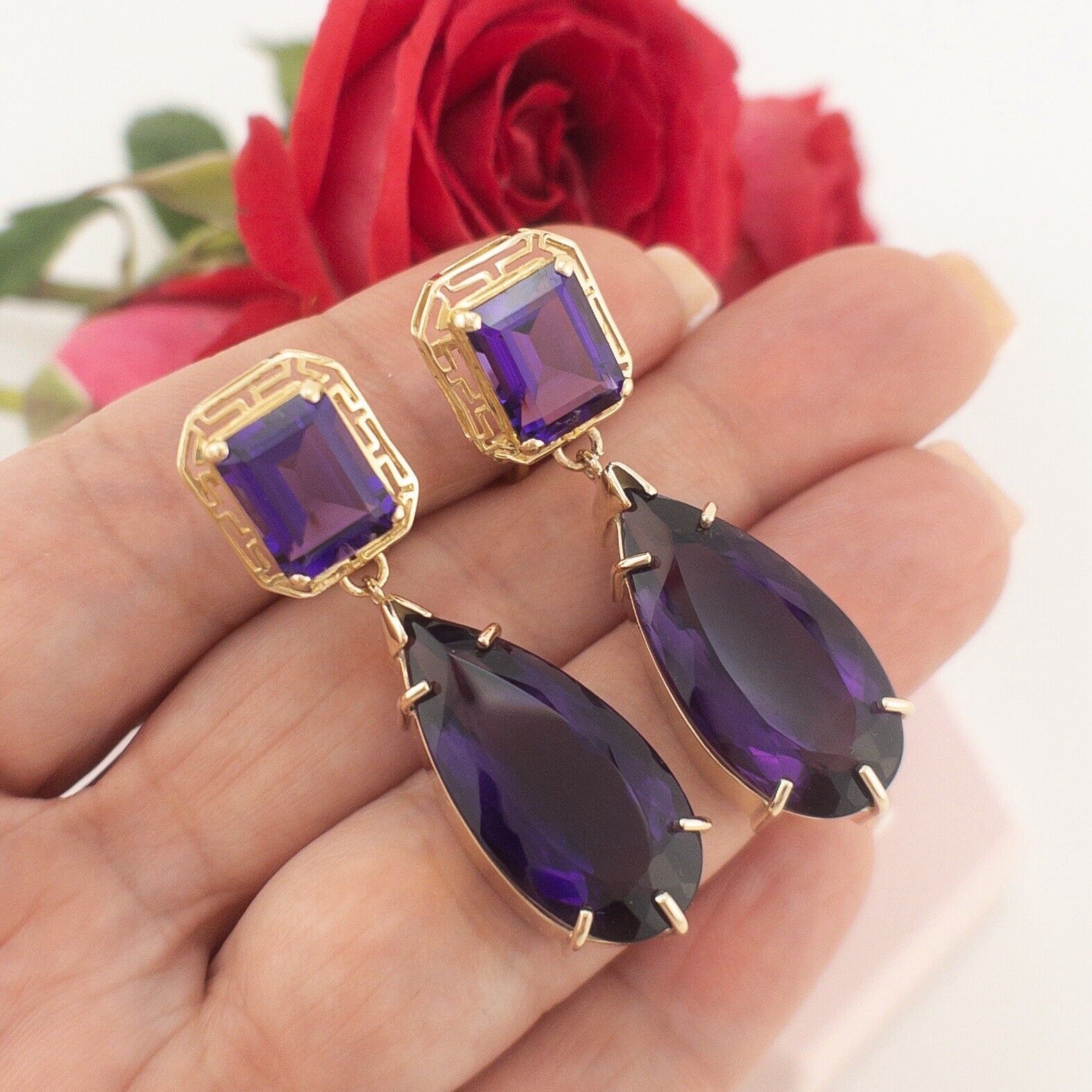 Solid 14k Yellow Gold Genuine Amethyst Omega-Back Dangle/Drop Earrings, 1.8"