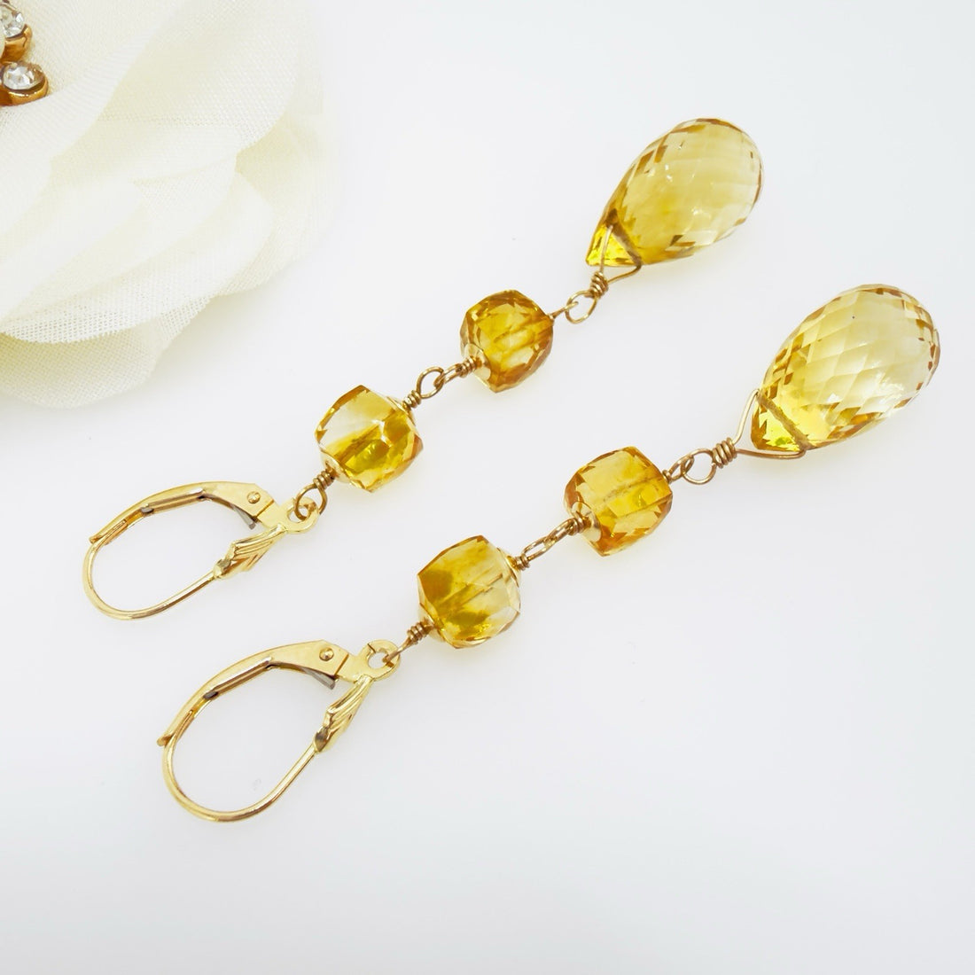 14k Yellow Gold Genuine Citrine Dangle/Drop Lever-back Earrings, 2.5"