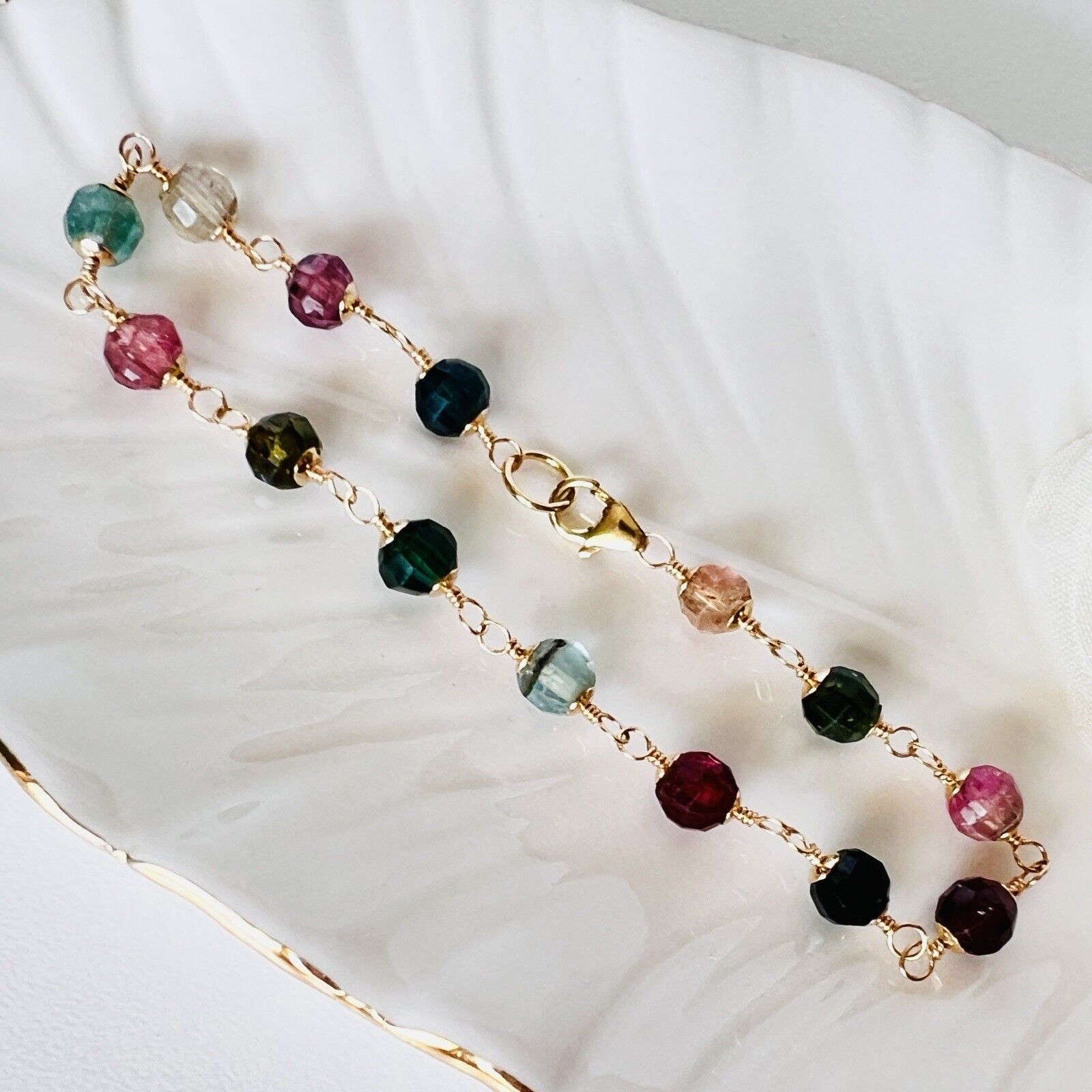 Solid 14k Yellow Gold Genuine Tourmaline Wire-Wrapped Beaded Bracelet, New 7.75”