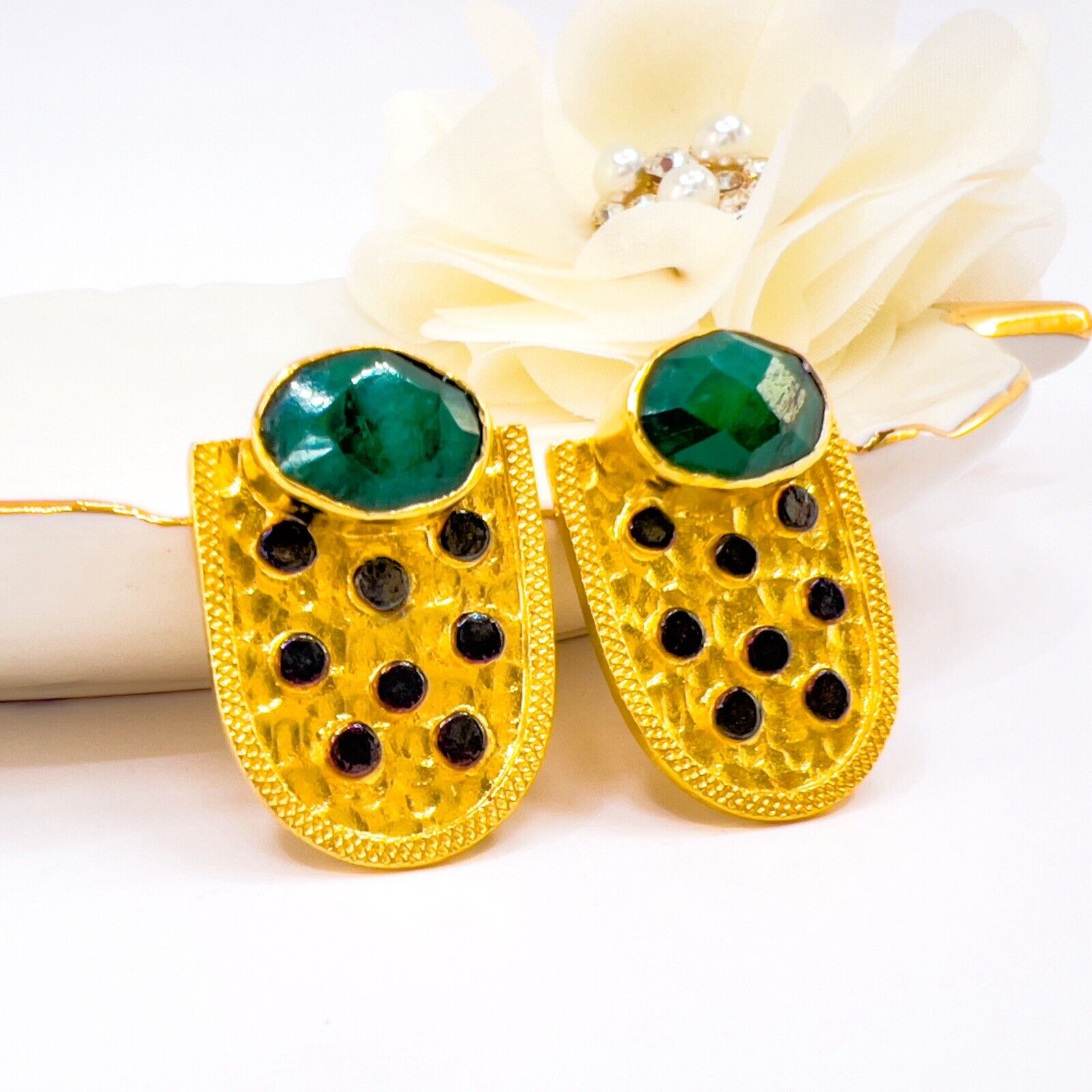 Genuine Emerald 22k Gold Over Sterling Silver Dangle Earrings, New