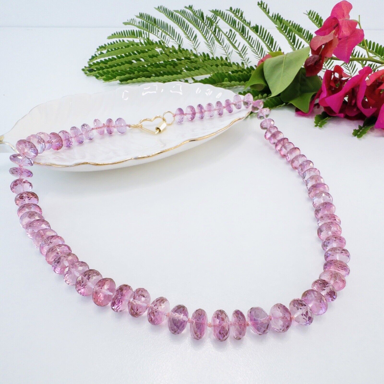 Solid 14k Yellow Gold Heart Clasp & Pink Topaz Necklace, New 17"