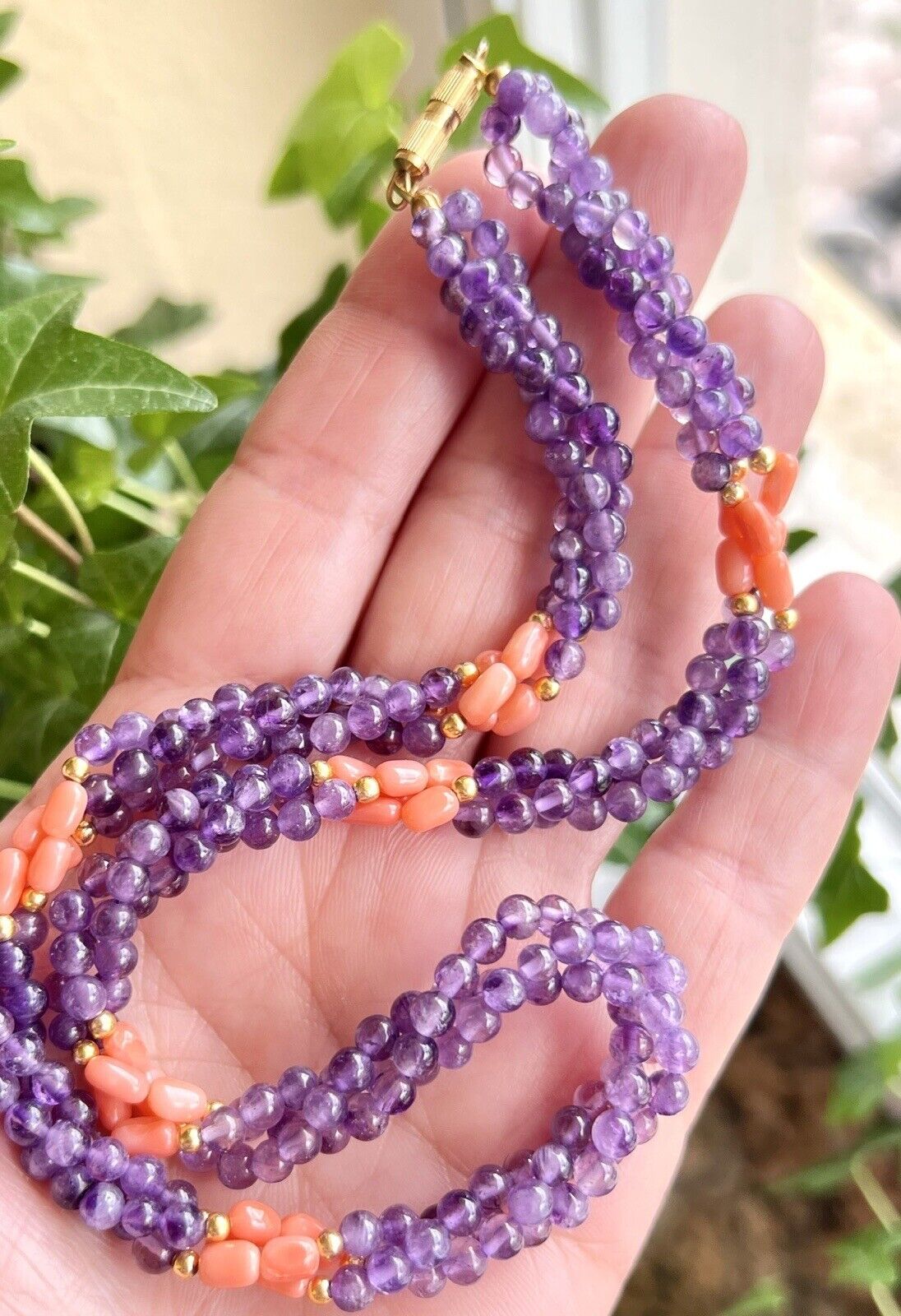Vintage Beautiful Genuine Salmon Coral & Amethyst Woven Rope Necklace 18 inches