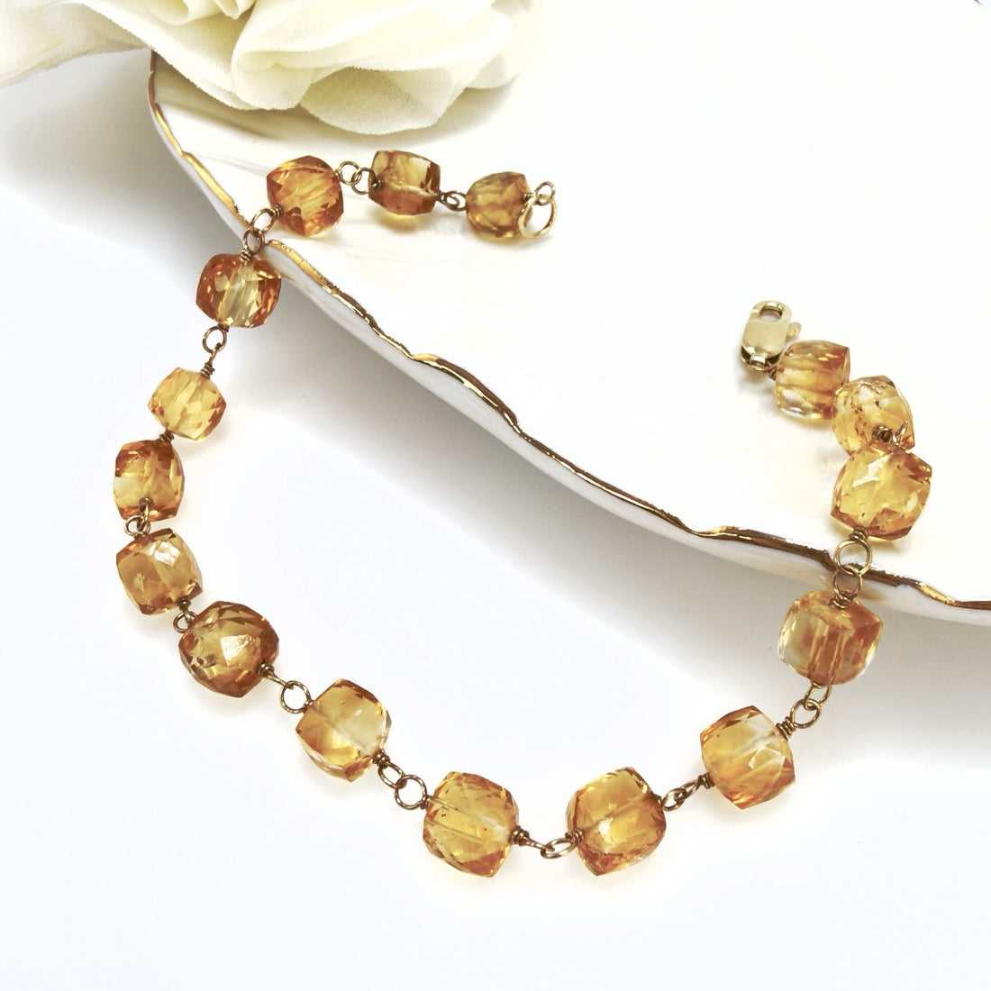 14k Yellow Gold Genuine Citrine Cube Handcrafted Bracelet, 8.25"