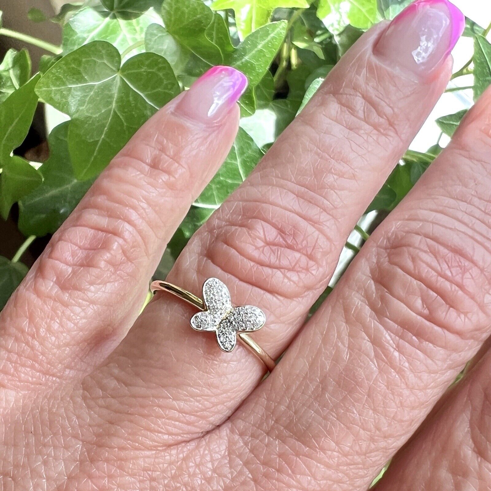Solid 10k Yellow Gold Genuine Diamond Pave Butterfly Ring, Size 7