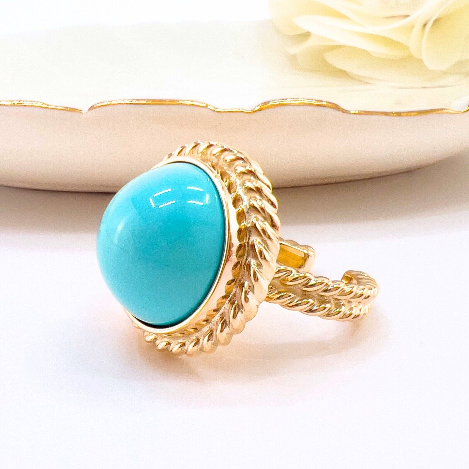 14k Yellow Gold Persian Turquoise (15mm) Handcrafted Ring, New, Size 6.75