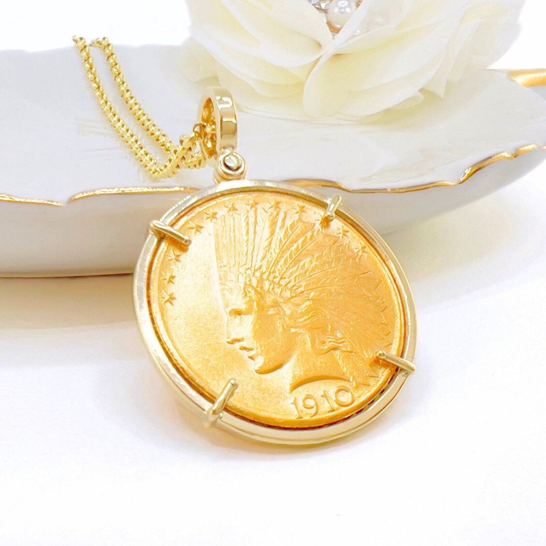 Genuine 1910 US Indian Head 10 Dollar Eagle Gold Coin With 14k Pendant Frame