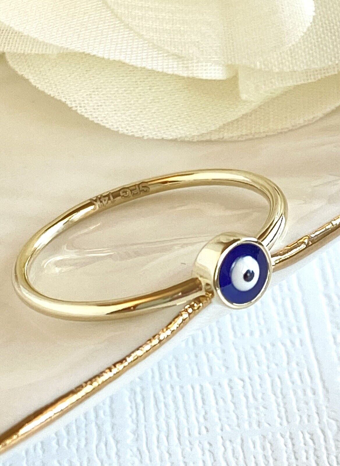 Solid 14k Yellow Gold Lucky Blue Eye Ring, New, Size 6.75