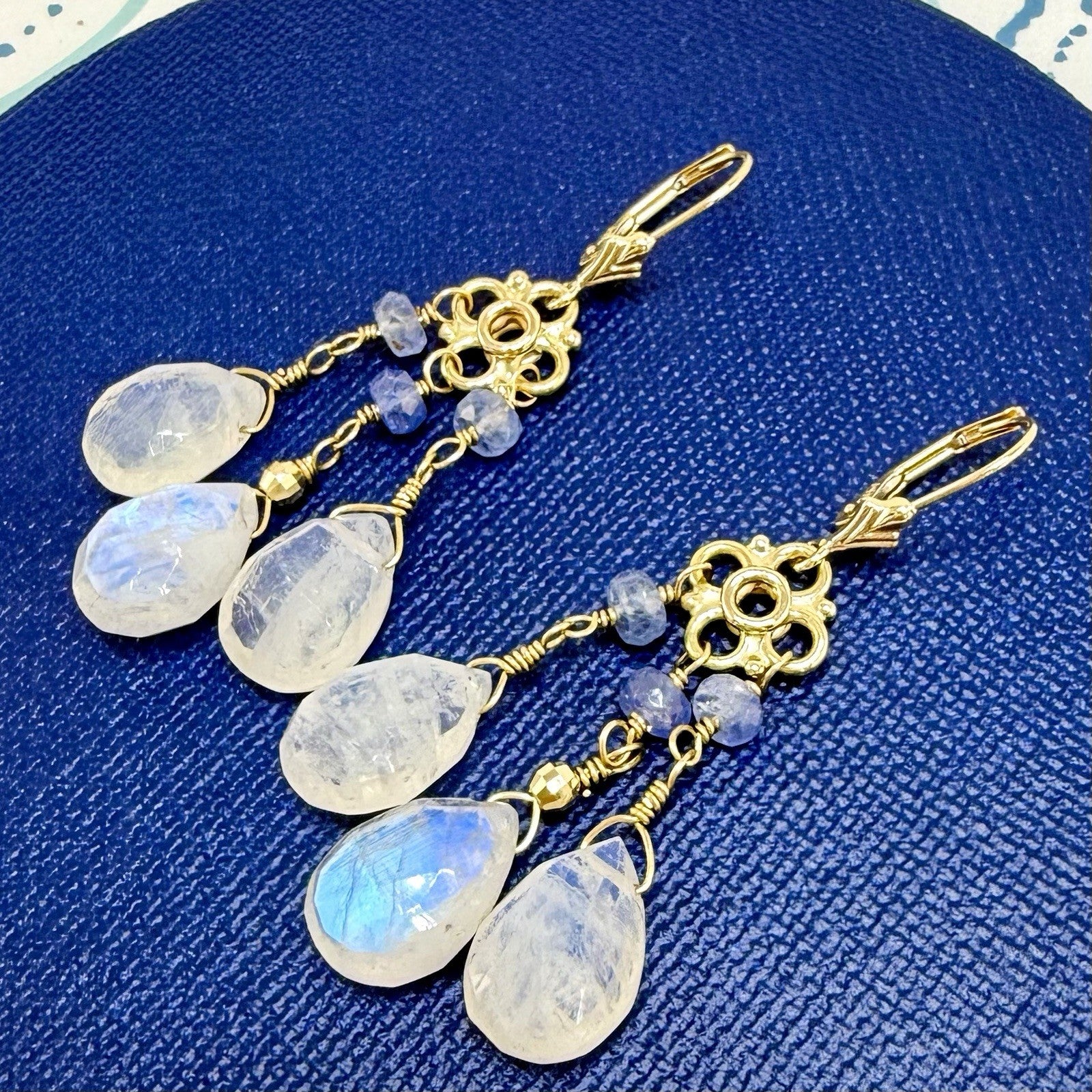 14k Yellow Gold Genuine Rainbow Moonstone and Sapphire Chandelier Earrings,