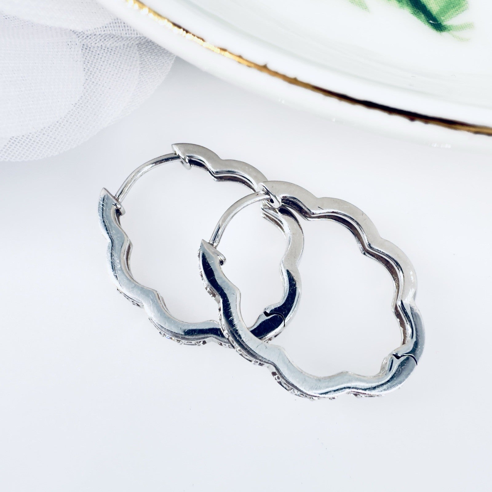 14K White Gold & Genuine Diamond Scalloped Oval Hoop Earrings, New