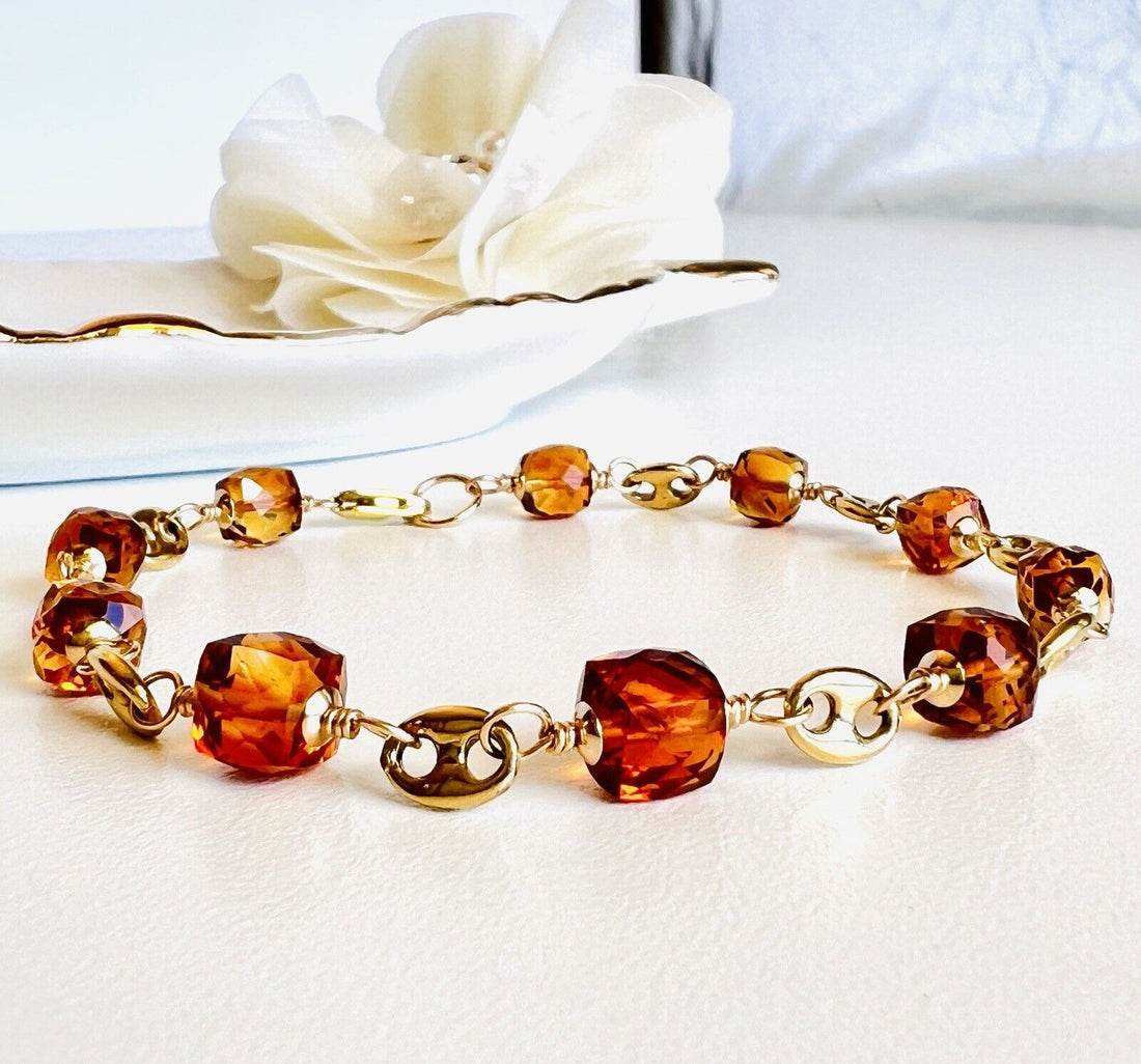Solid 14k Yellow Gold Genuine Citrine Cube Station Bracelet, New 8.25”
