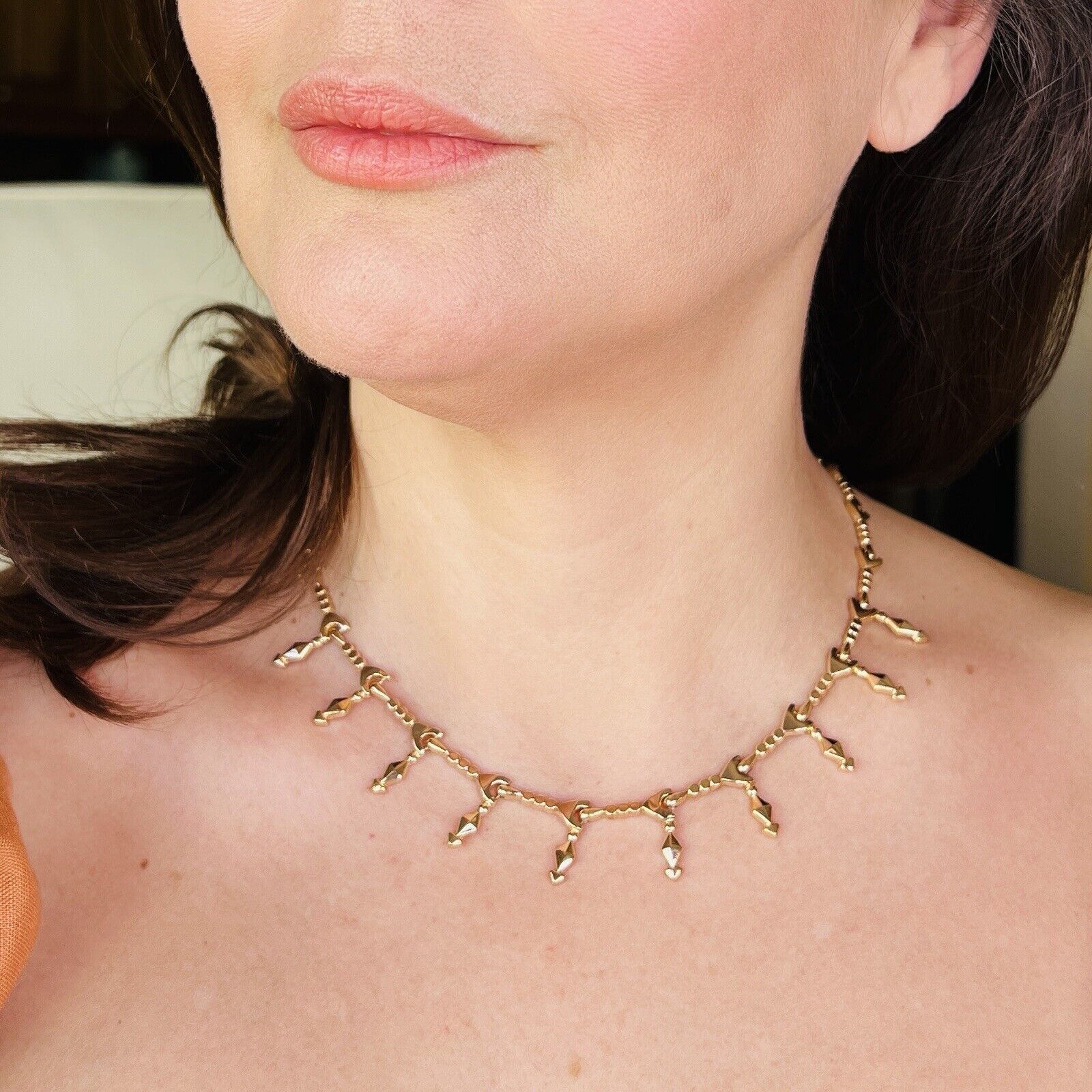 Vintage Solid 18k Rose Gold Articulated Links Statement Necklace 16.75", Italy