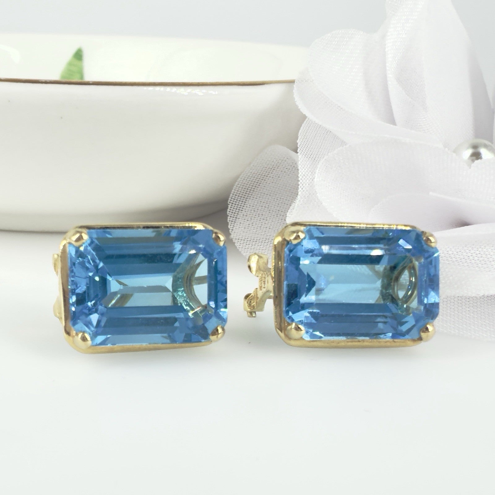 14k Yellow Gold Swiss Blue Topaz Omega Back Earrings, Preowned
