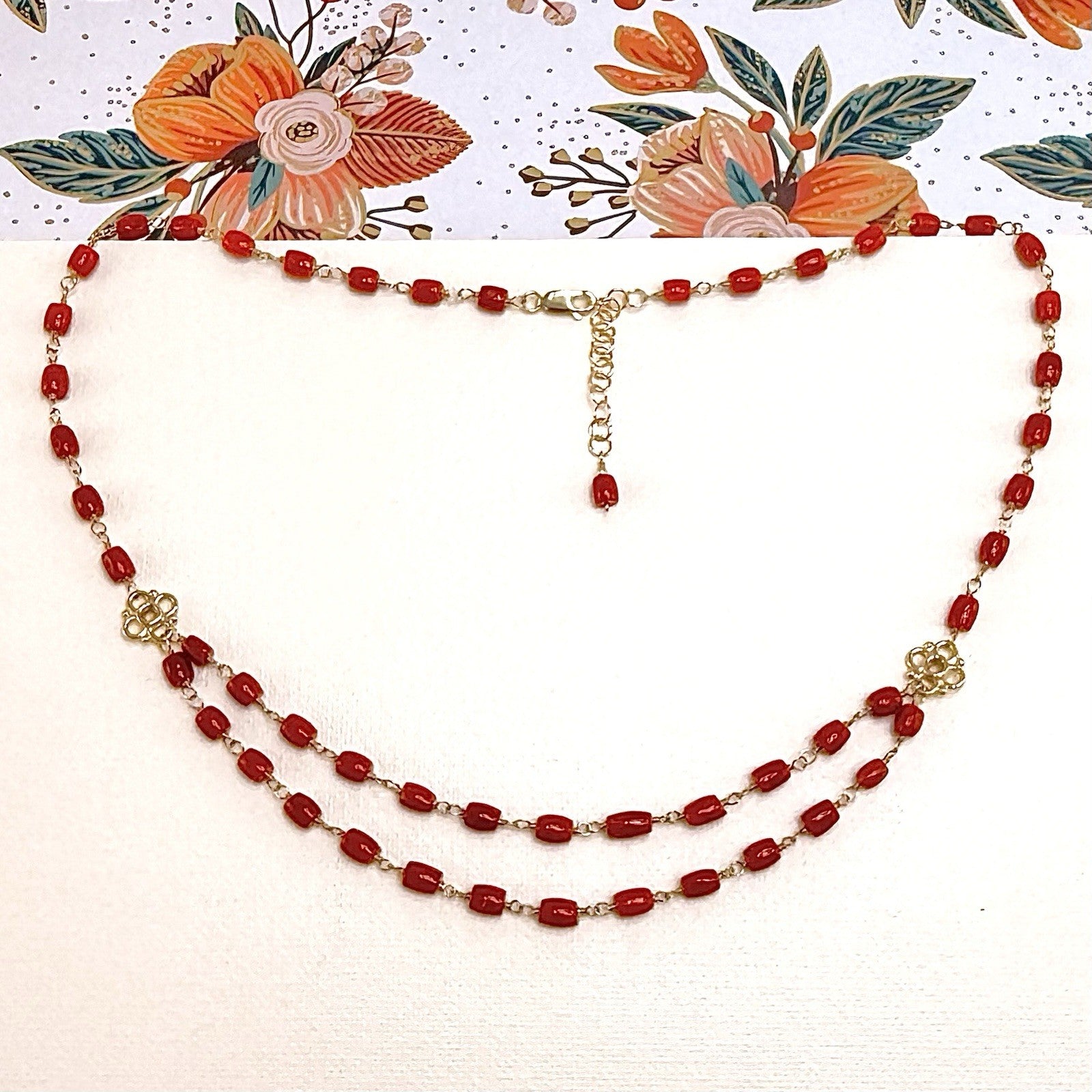 14k Yellow Gold Mediterranean Red Coral Handcrafted Necklace, 18.25-19.75"