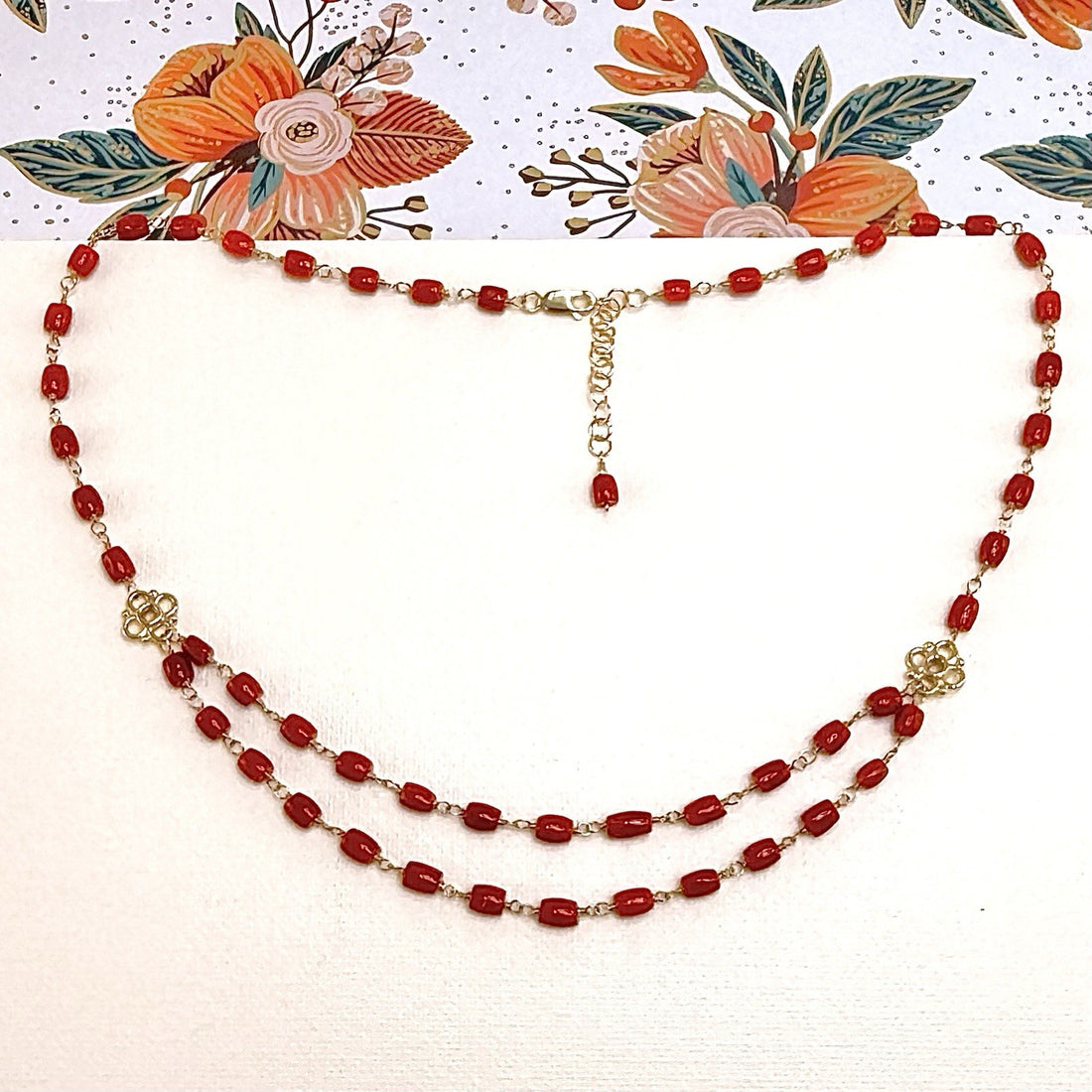 14k Yellow Gold Mediterranean Red Coral Handcrafted Necklace, 18.25-19.75"