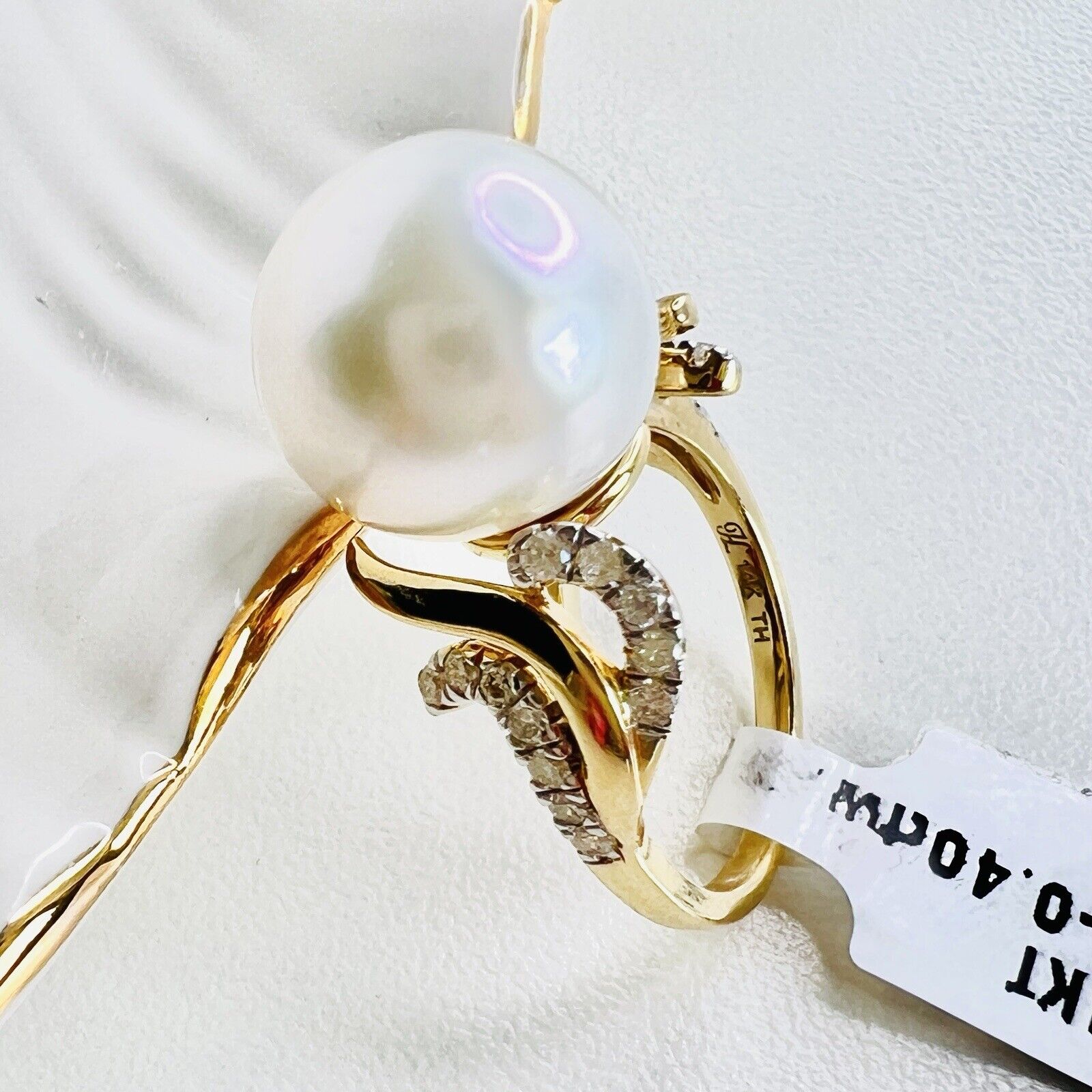 Solid 14k Yellow Gold Genuine 13.3mm Pearl & Diamond Ring, Size 7 New